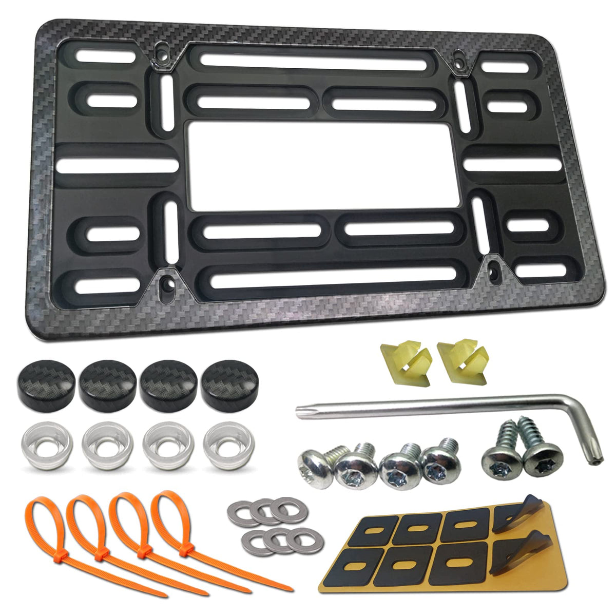 Aootf Front License Plate Mounting Kit-Universal Front Plate Holder Adapter Bumper Bracket & Carbon Fiber Style License Plate Frame, Anti-Theft Screws And Wrench Kit, For Any Vehicle Or Trailer,Truck