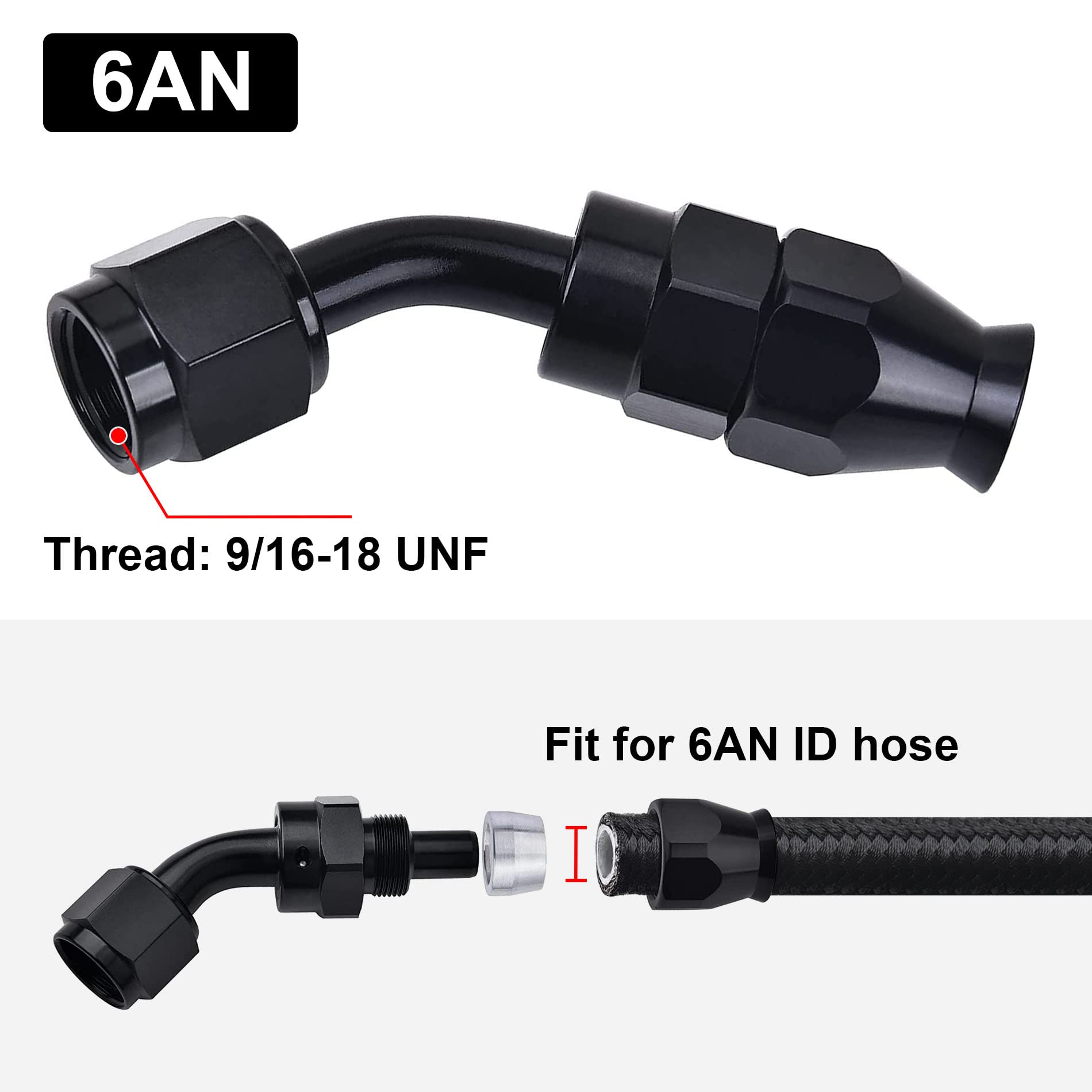 Evil Energy 6An Ptfe Hose End Fitting 45 Degree Black For Ptfe Hose Only 2Pcs