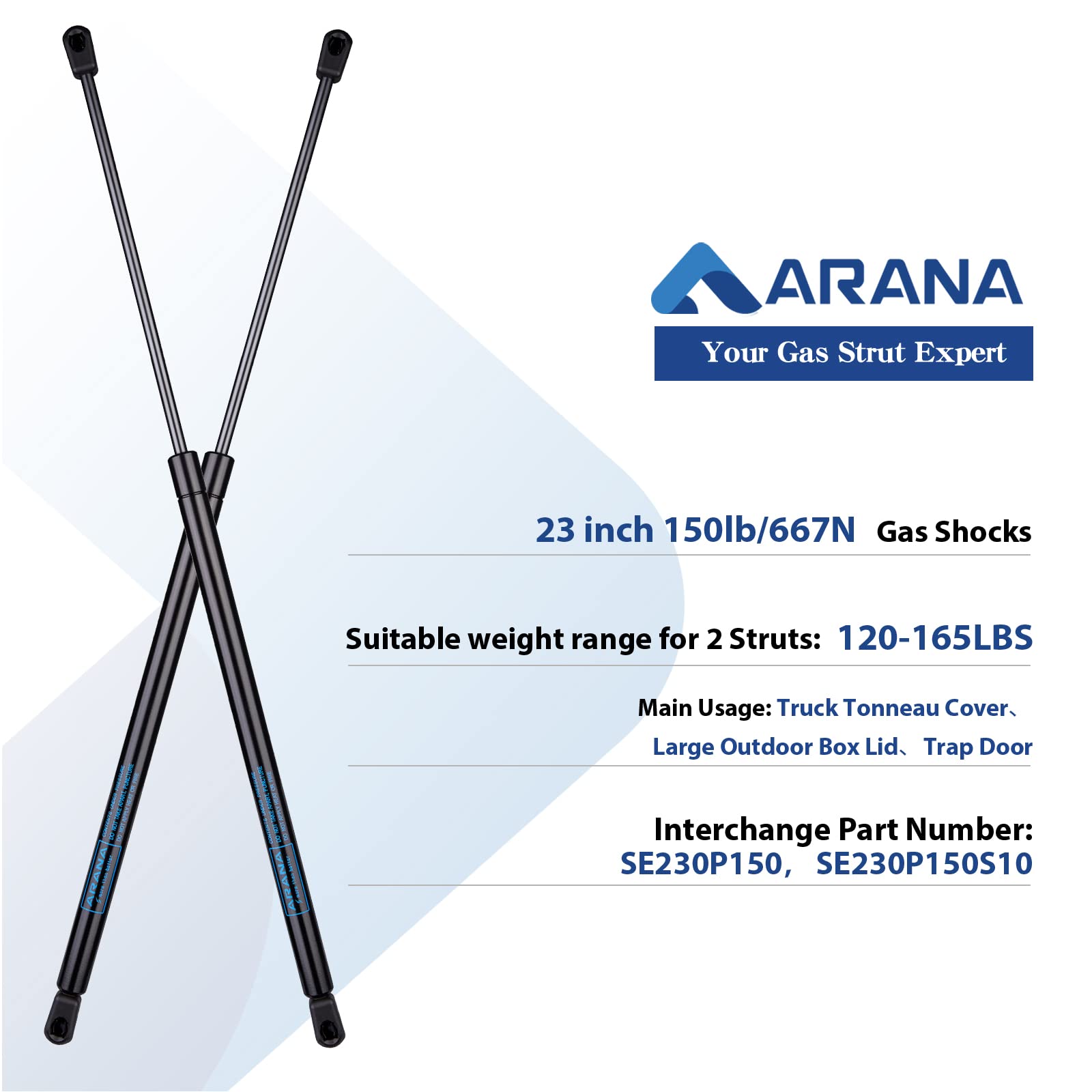 Arana Se230P150 23 Inch 150Lb/668N Gas Struts, Se230P150S10 23'' 150Lb Gas Spring Shock Lift Support For Tonneau Cover Truck Bed