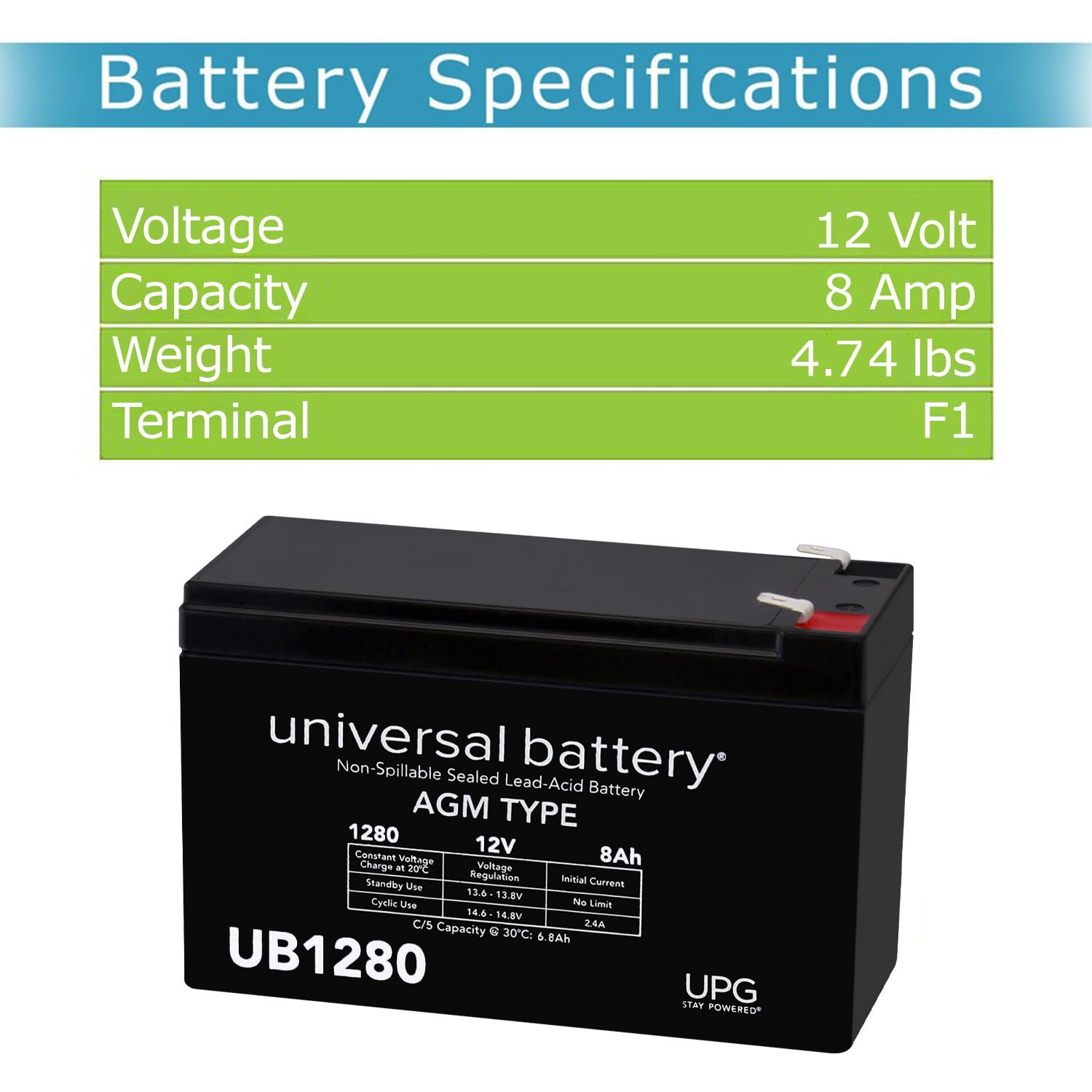 Universal - Ub1280 12V 8Ah Sealed Lead Acid Battery F1 .187 Tt