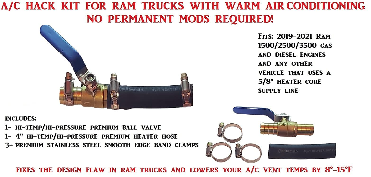 Muzzys A/C Hack Kit Fits: Ram 2019 2020 2021 2022 1500 2500 3500 Trucks With Weak/Warm Air Conditioning From Factory, Heater Core Blend Door By-Pass Mod Fix, W/Clamps Hose Shut Off Valve, Gas & Diesel