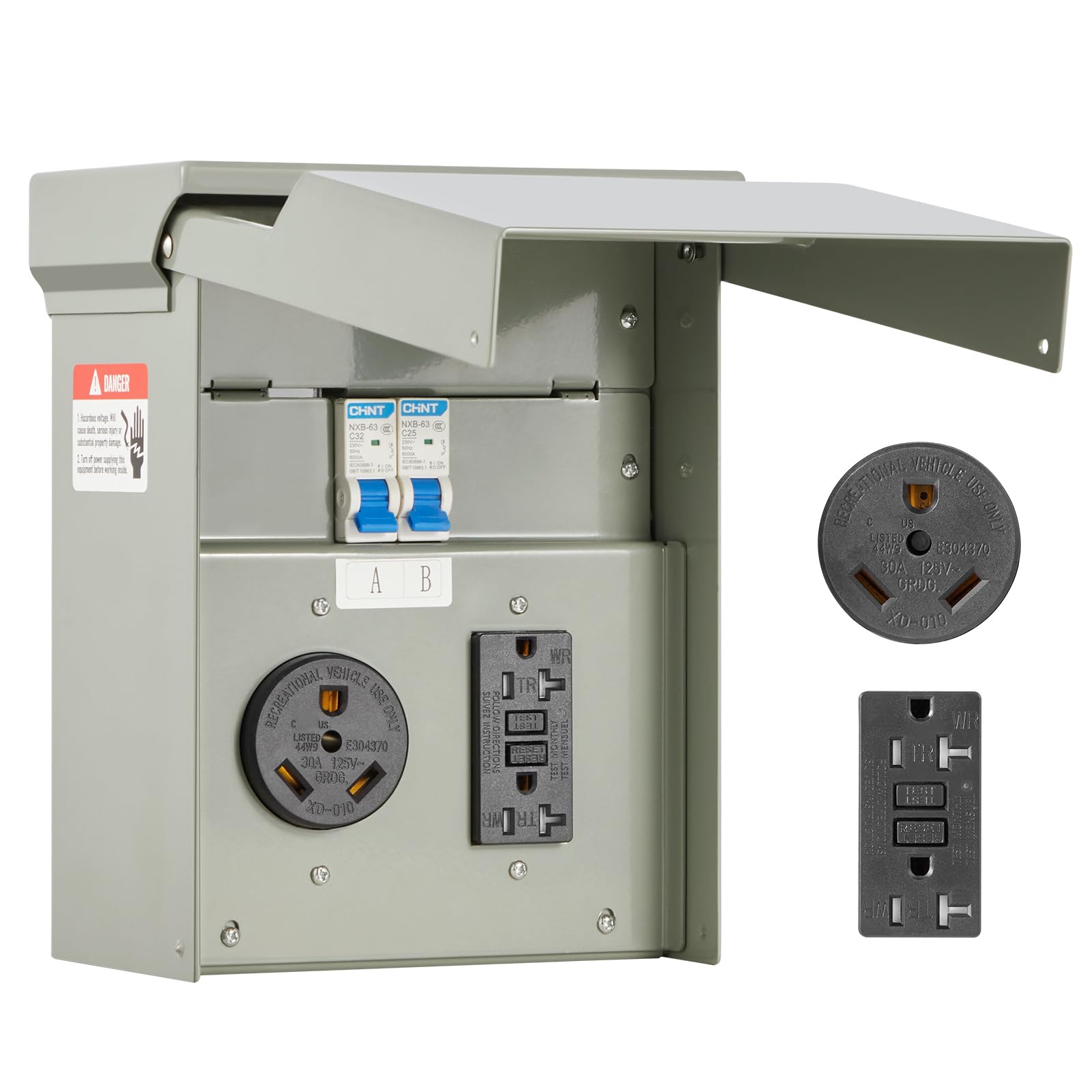 VEVOR Temporary Power Outlet Panel, RV Electrical Breaker Box with Prewired 30 Amp & 20 Amp GFCI Receptacle Circuit, Weatherproo