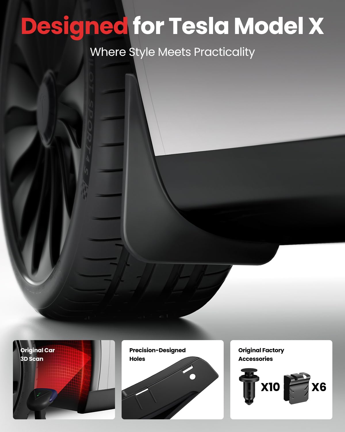 Reevaa 2025 Tesla Model X Accessories - Mud Flaps [No Drilling Required] All-Weather Mud Splash Guard Body Kits For Model X 2025