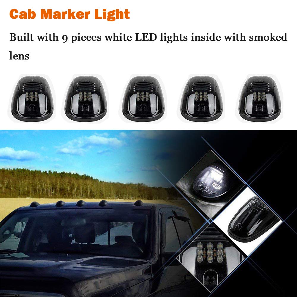 Npauto 5Pcs Smoked Led Cab Marker Lights White 9 Led Roof Top Clearance Lights Running Lights Replacement For 2003-2018 Dodge Ra