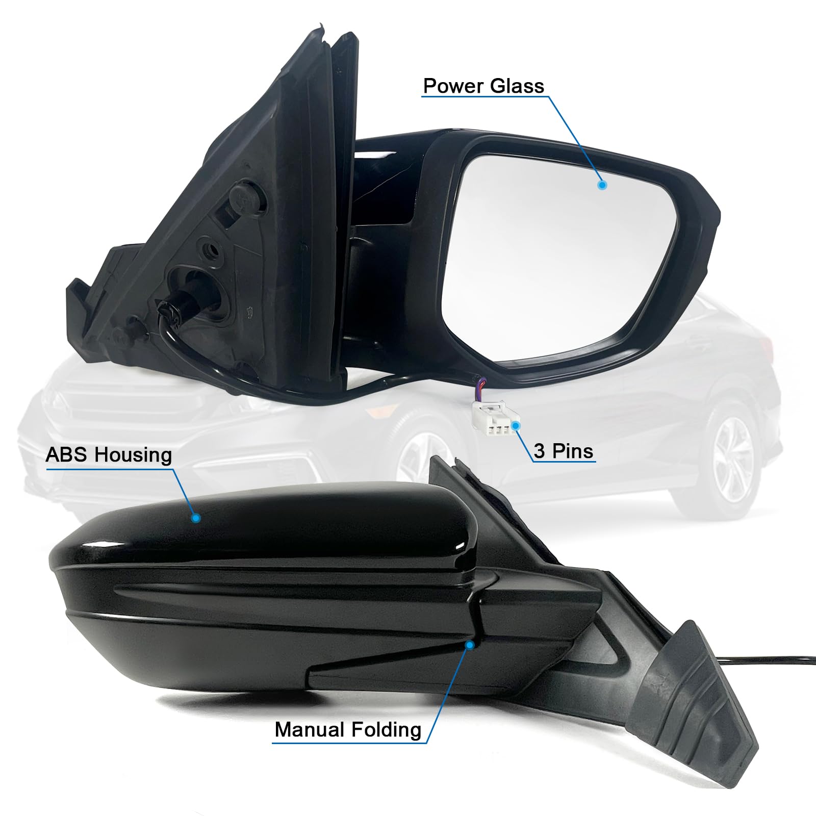 Lqito Right Passenger Side Door Mirror For 2016-2021 HONDA CIVIC LX SE Sport with Power Mirror Ajust Manual Fold Non-Heat Match