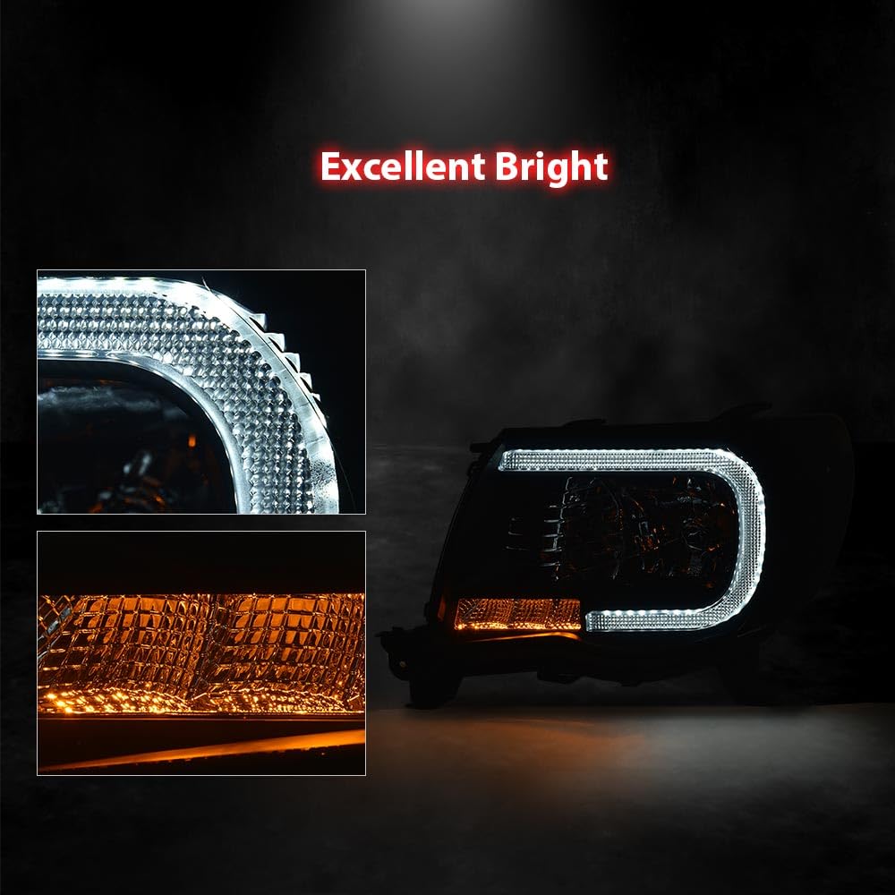 G-Plus Led Drl Tube Halo Projector Headlights W/O Bulbs Compatible With 2005-2011 Toyota Tacoma Smoke Lens Black Housing Clear R