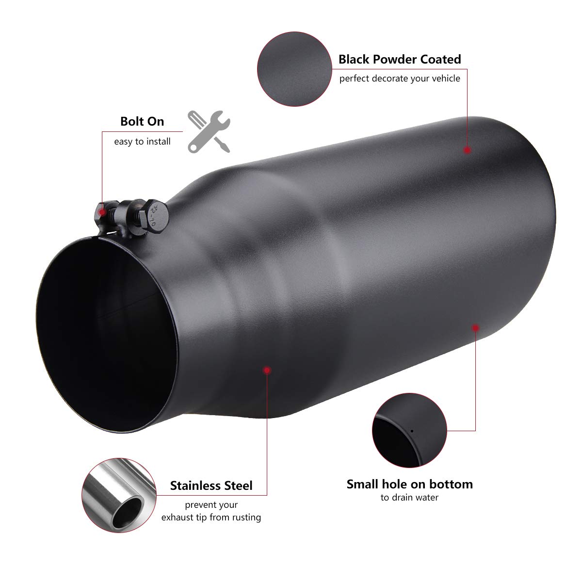Lcgp Bolt On Diesel Exhaust Tip 4'', 6'' Outlet 15'' Long Truck Tip, Rolled Angle Cut, Black Powder Coated