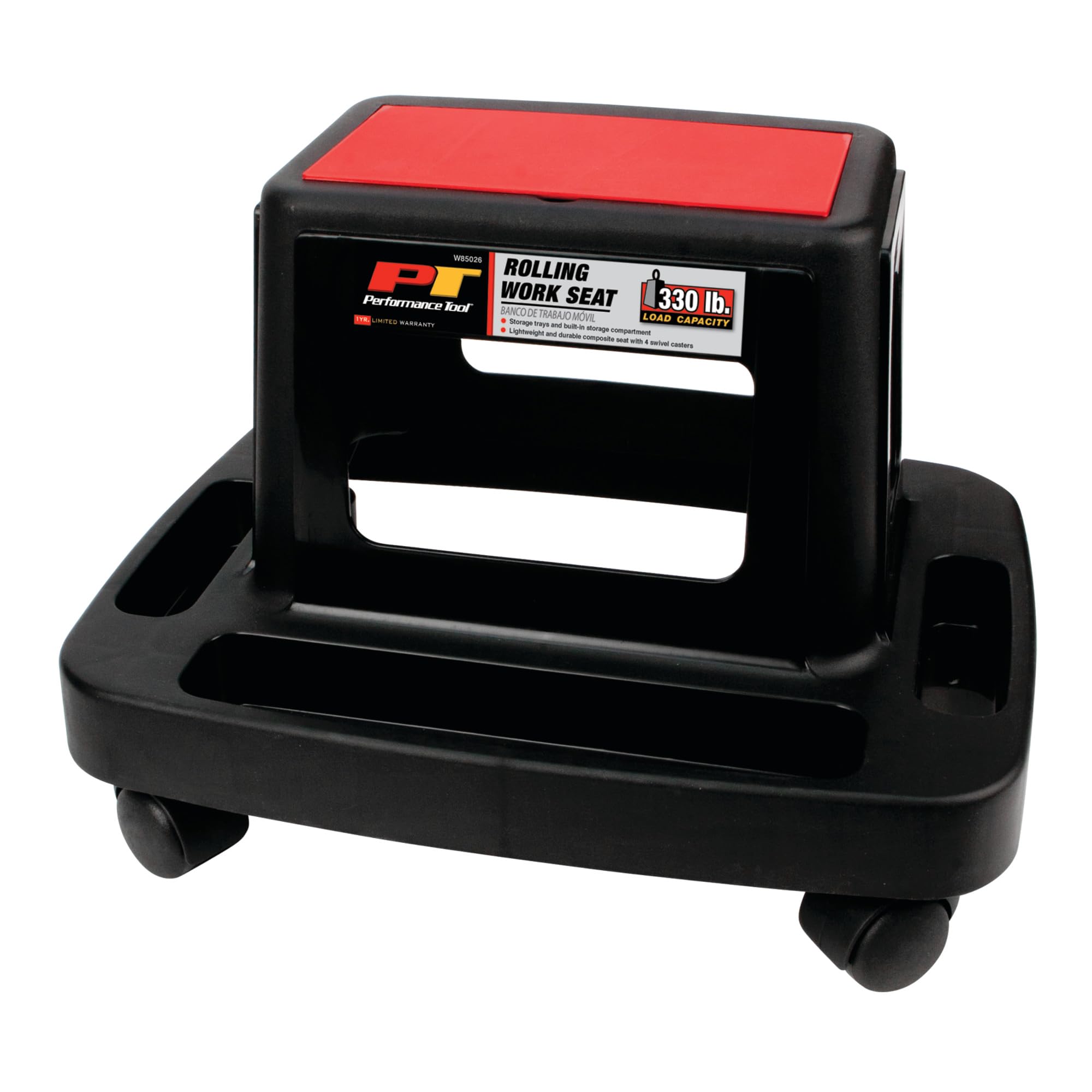 Performance Tool W85026 Multi-Slot Creeper Rolling Work Seat with Storage Tray for Mechanic Garages and Workshops, Black/Red, 18