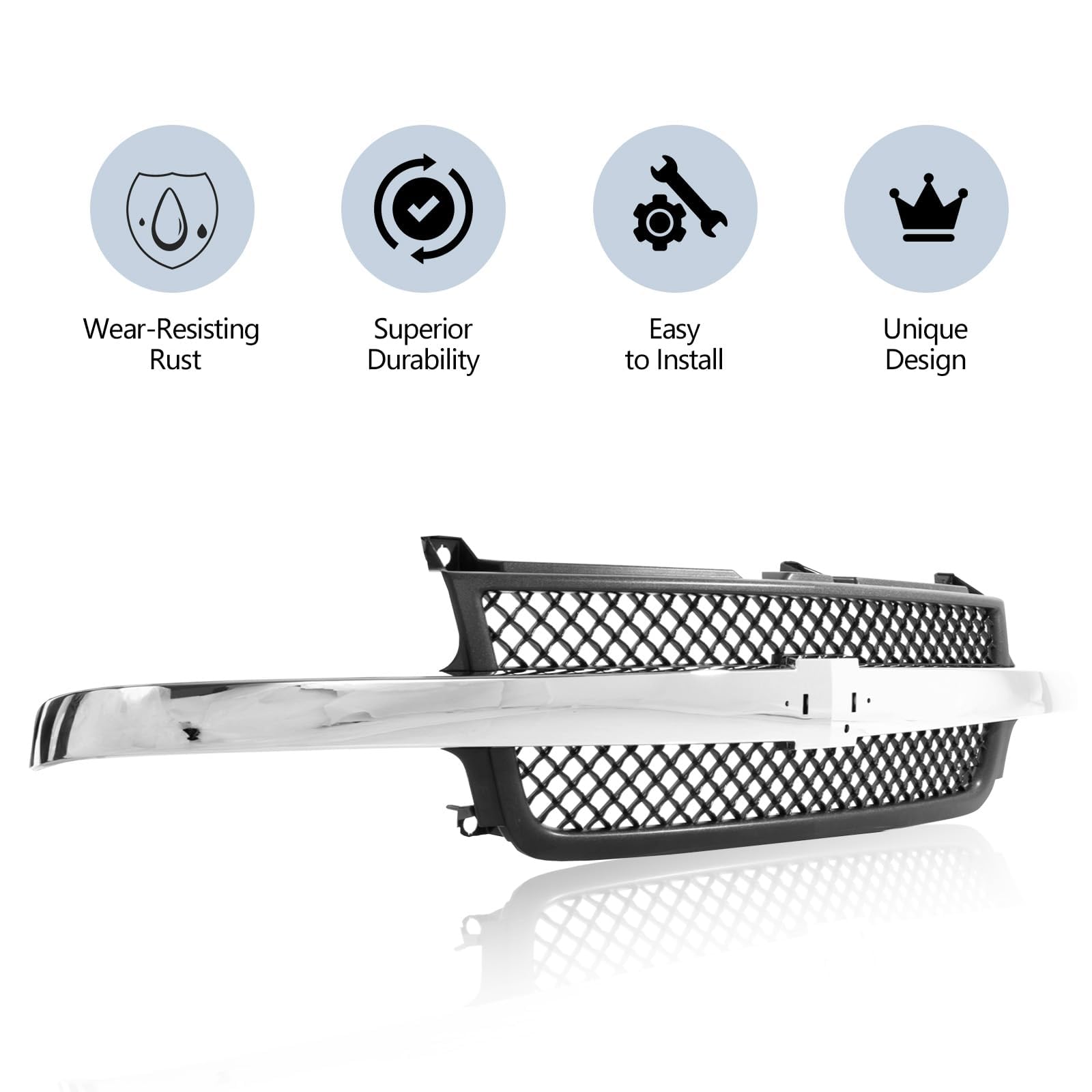 Perfit Liner New Replacement Parts Front Grille Chrome Black Compatible With 2001 2002 CHEVY Silverado 2500 HD 3500 HD GM1200523