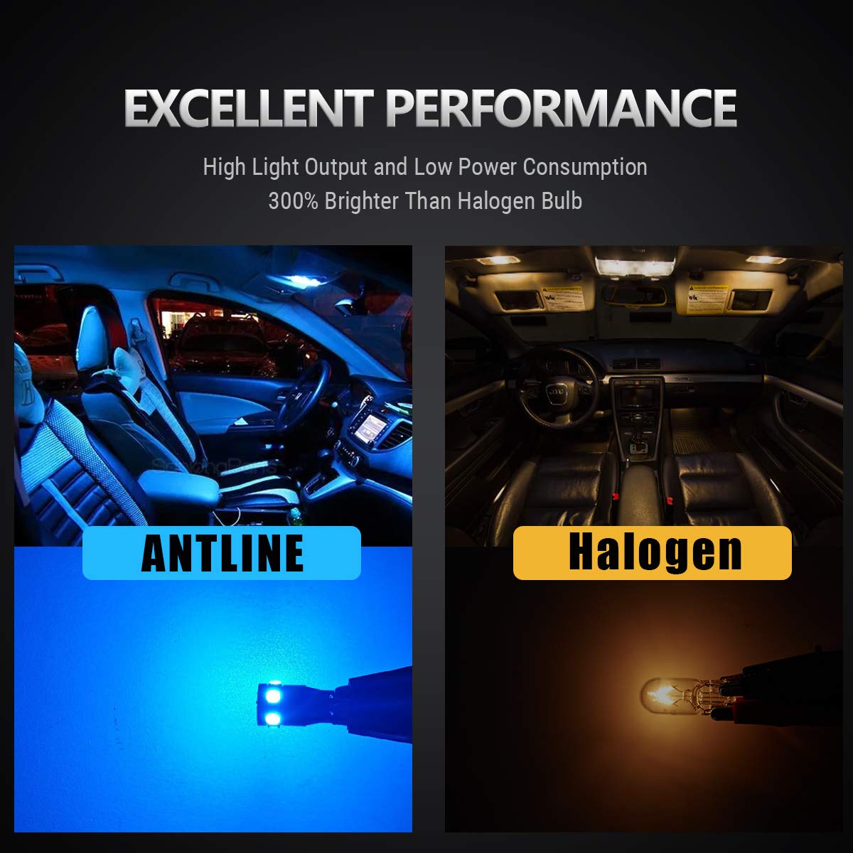 Antline 194 168 2825 W5W T10 Led Bulbs Ice Blue, Ultra Bright Error Free 9-Smd 2835 Chipsets 6000K Replacement For Car Interior Dome Map Door Courtesy License Plate Lights (Pack Of 10)