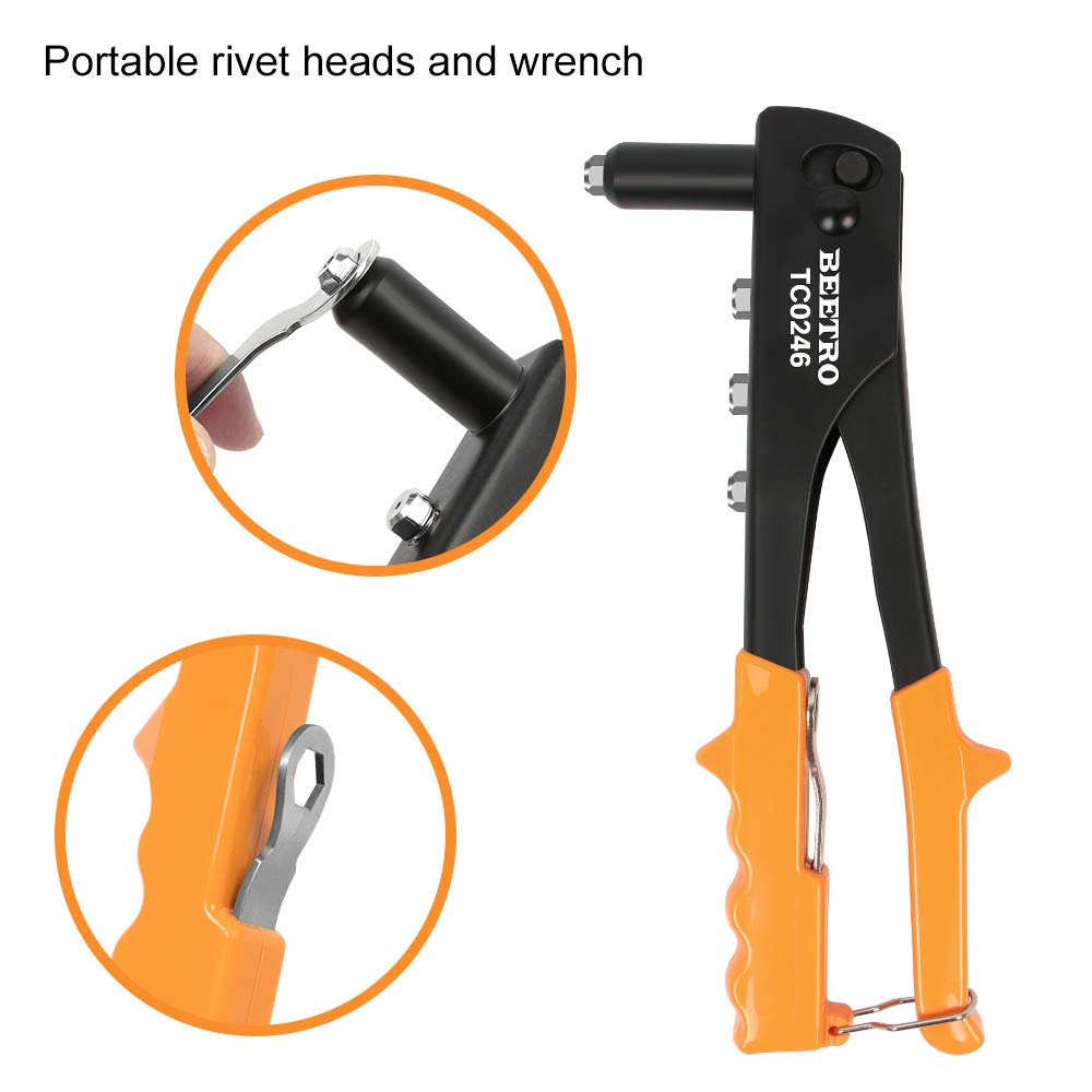 Beetro Heavy Duty Hand Riveter, Rivet Gun, 3/32''-1/8''-5/32''-3/16'', 4 Nosepieces Set Includes 100Pcs Rivets, Durable And Suit