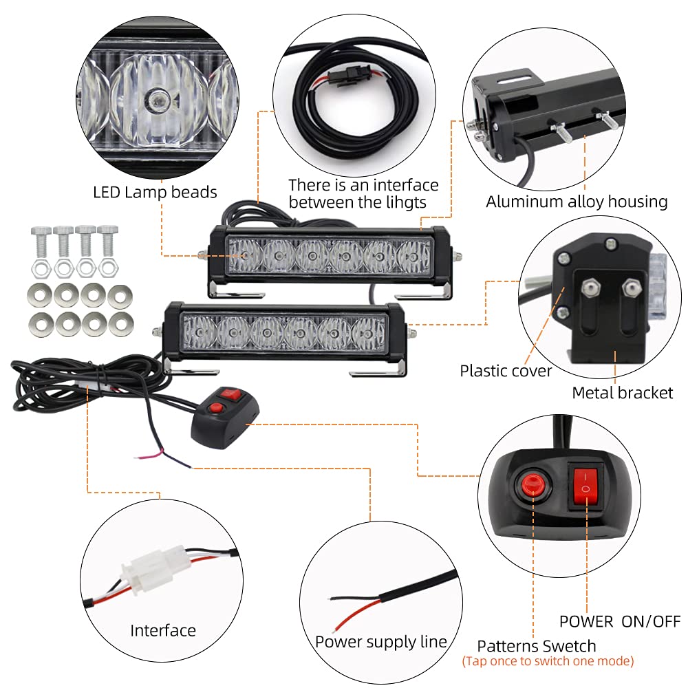 Led Emergency Strobe Lights Bar 2Pcs Red Yellow Double Color Warning Police Grille Lights Bar Surface Mount Fit For Motorcycle P