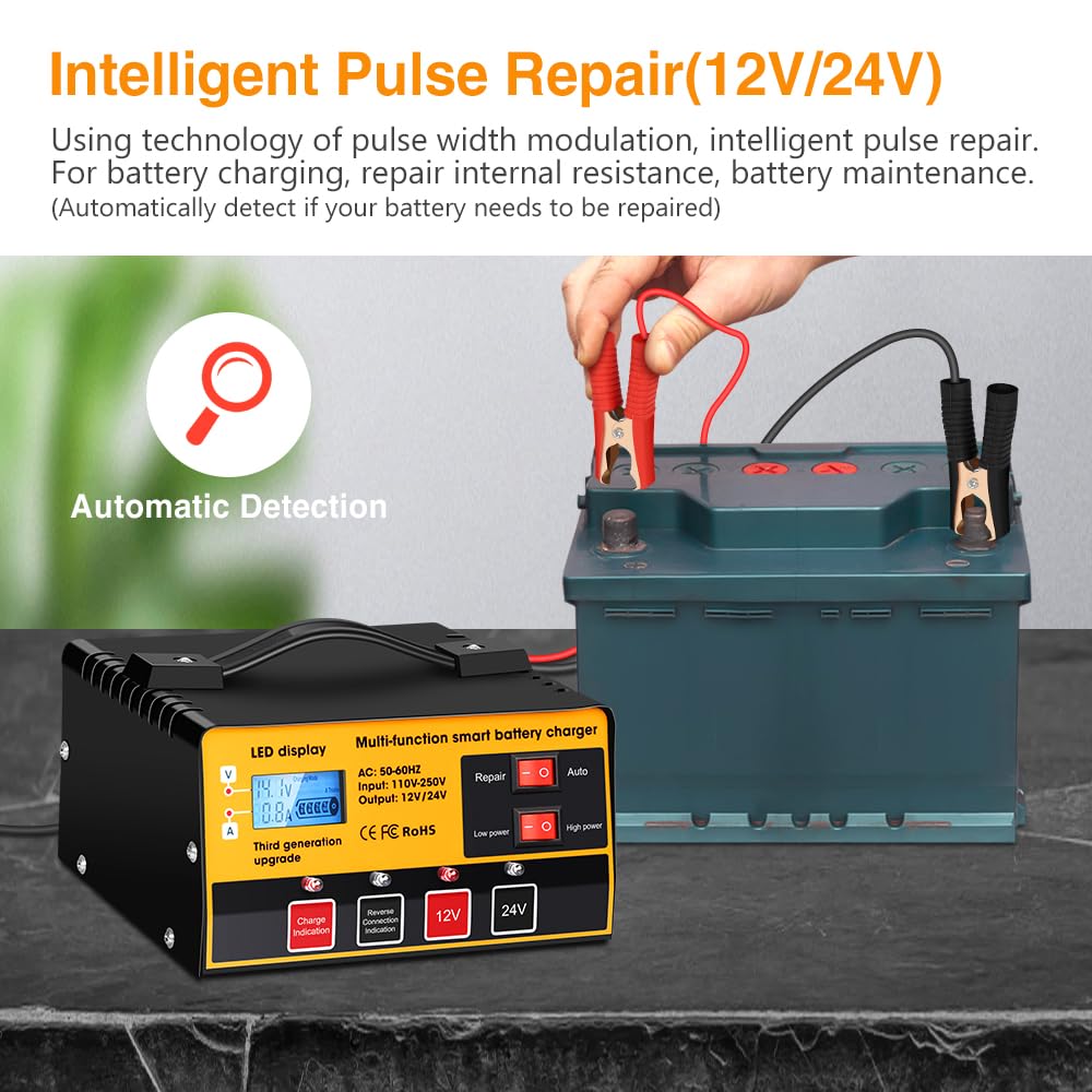 Outerman Car Battery Charger,12V-12A/24V-8.5Amh Smart Automatic Battery Charger,High/Low Power Trickle Charger Battery Maintaine