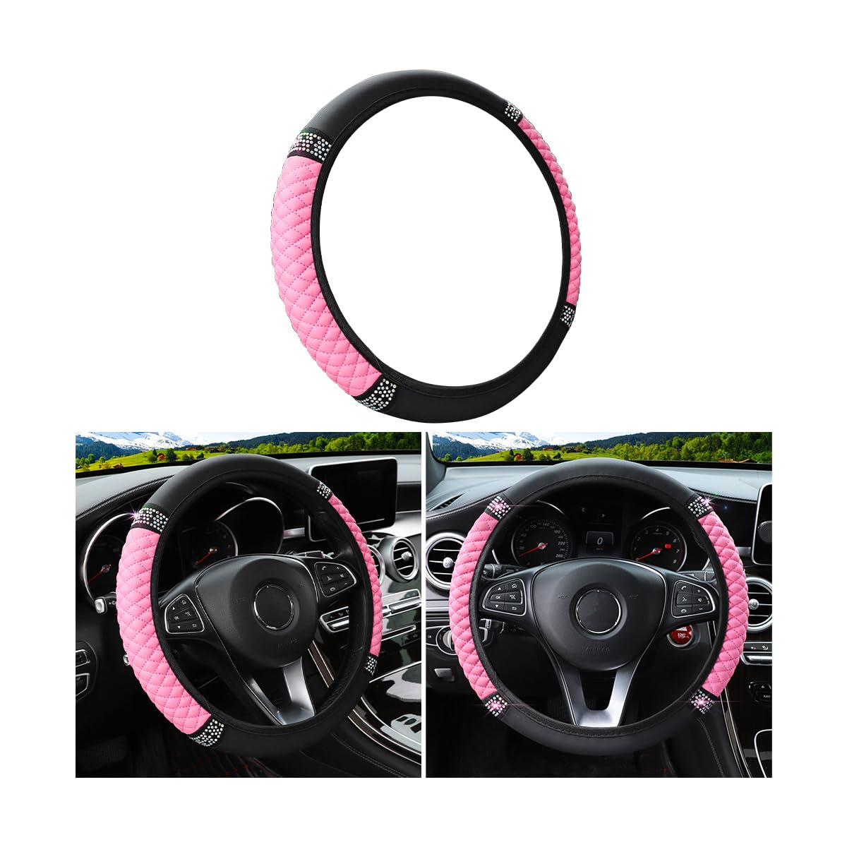 Bling Soft Leather Steering Wheel Cover, 15 Inch Colorful Rhinestones Auto Elastic Steering Wheel Protector, Sparkly Crystal Dia