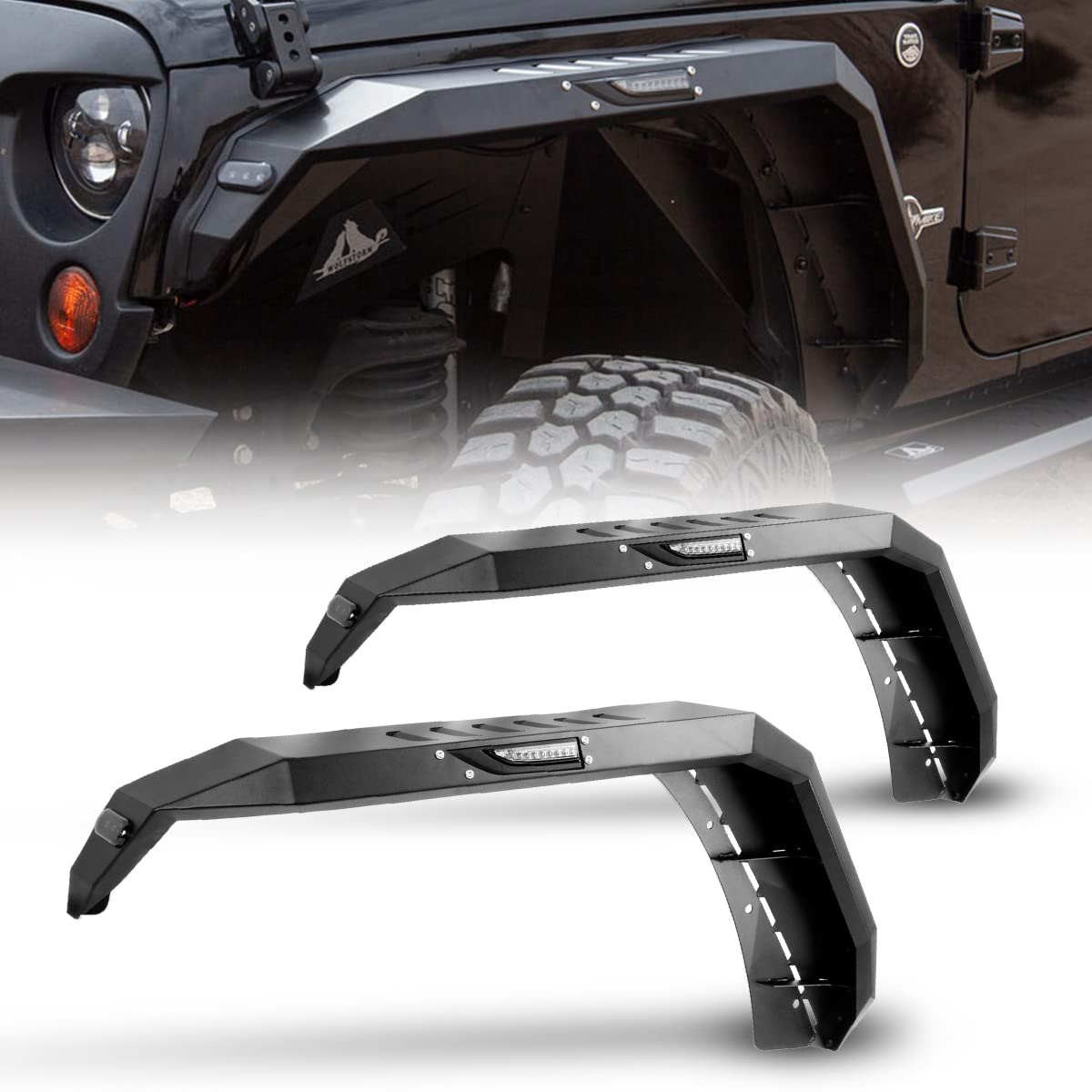 Wolfstorm Front Fender Flares Fit For 2007 2008 2009 2010 2011 2012 2013 2014 2015 2016 2017 2018 Jeep Wrangler Jk/Jku 2-Doors & 4-Doors Heavy Duty Steel Front Wheel Flares (Front)