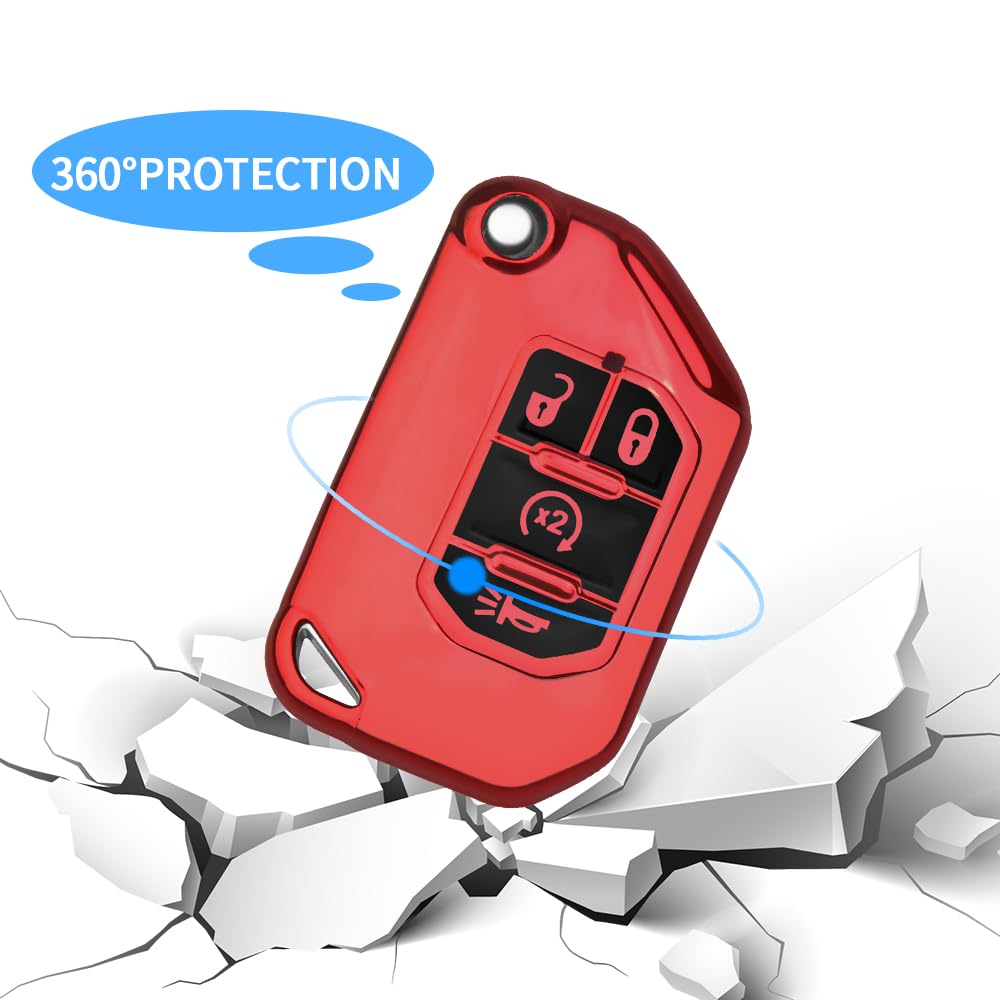 QBUC Jeep Key Fob Cover With Keychain - Flip Key Case Protector for 2018-2024 Wrangler JLU JL, 2020-2023 Gladiator Rubicon JT (R