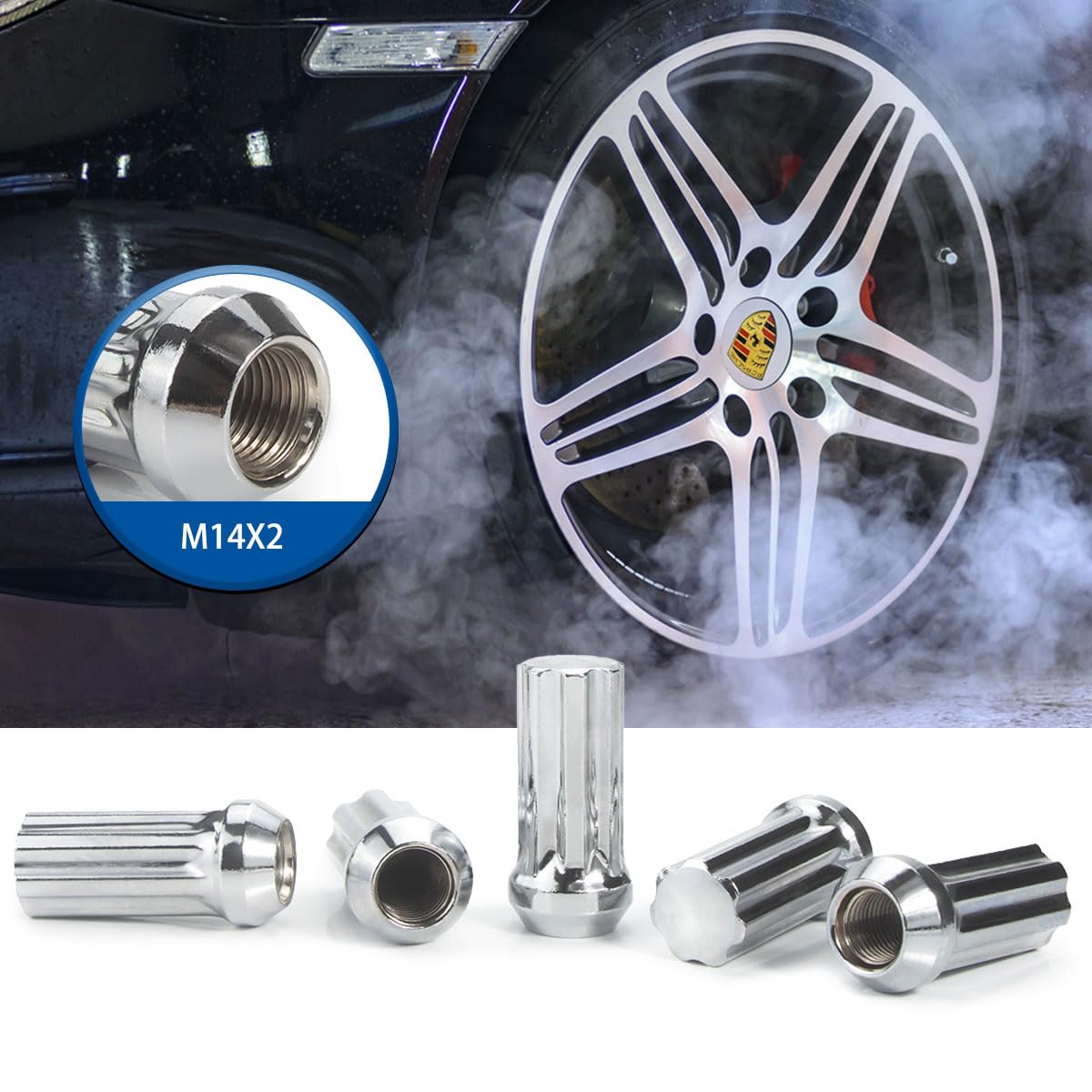 Gasupply 14X2 Chrome Lug Nuts, M14X2 Chrome Closed End 7 Spline Drive Tuner Acorn Lug Nuts For Aftermarket Wheels, 2 Inch 50Mm T