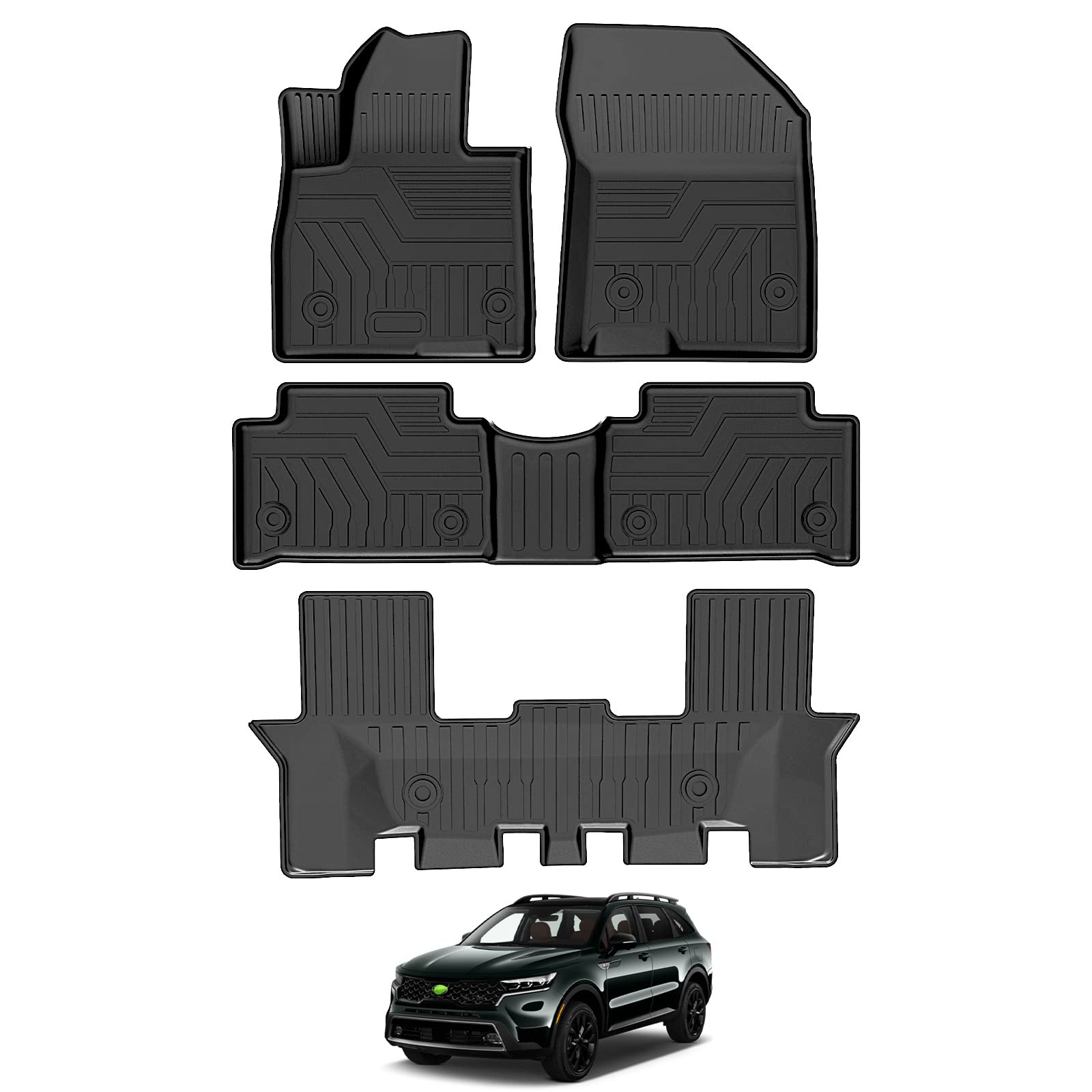 T Tgbros Floor Mats Custom Fit For 2021 2022 2023 2024 2025 Kia Sorento (Only Fits Bench Model &7 Seats) Accessories All Weather Protection Tpe 1St + 2Nd + 3Rd Rows Floor Liners Set Non-Slip Black