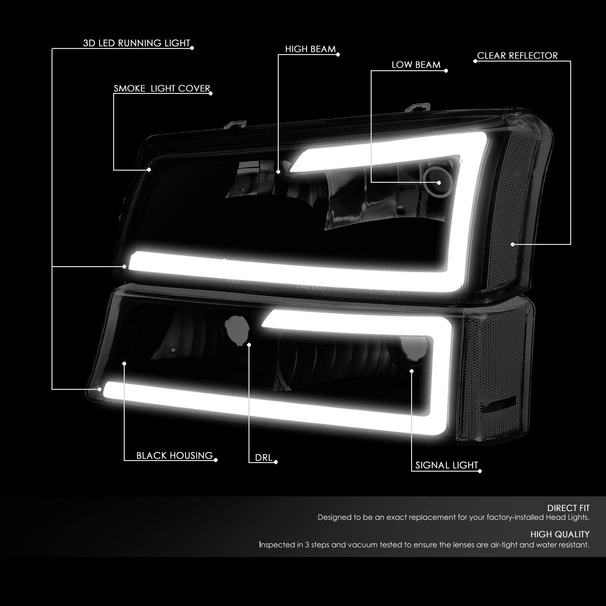 Dna Motoring Hl-Lb-Csil03-Bk-Sm-Cl1 Black Housing Smoked Lens 3D Led Drl Headlight Bumper Lamp Set Compatible With 03-06 Silvera