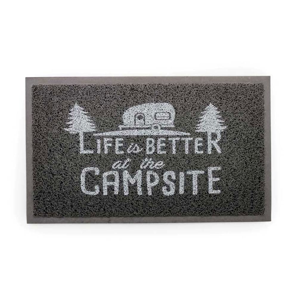 Camco Life Is Better At The Campsite Scrub Mat - 26.5 By 15 - Non-Slip Backing - Gray/White - 53200