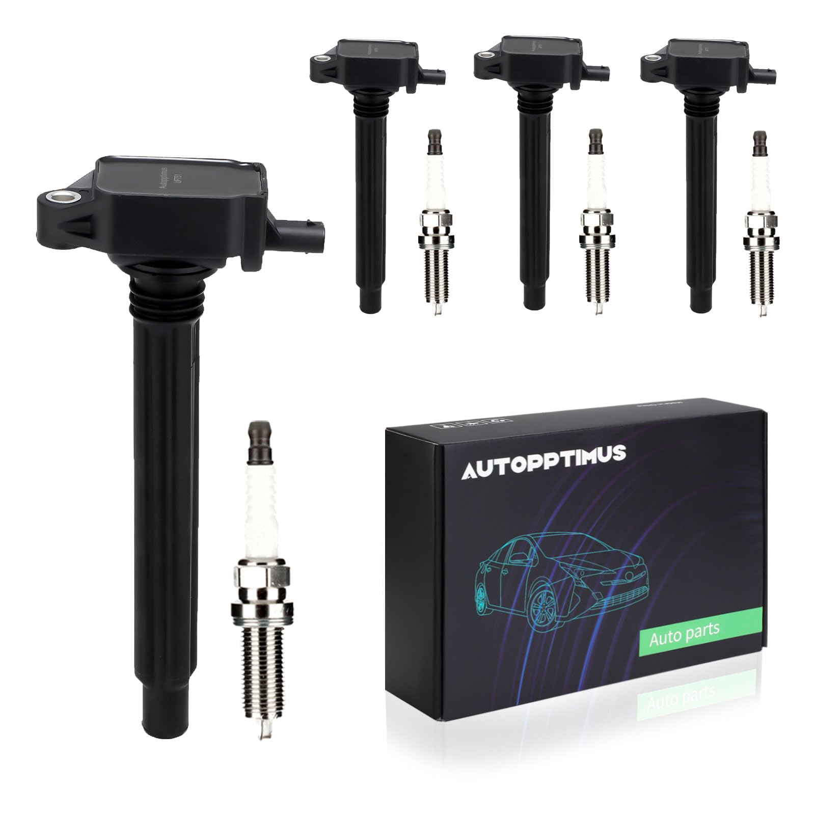 Autopptimus UF751 Ignition Coils Pack and Spark Plugs Set of 4 Compatible with Jeep Dart Cherokee Chrysler Compass Dodge - 2.4L 