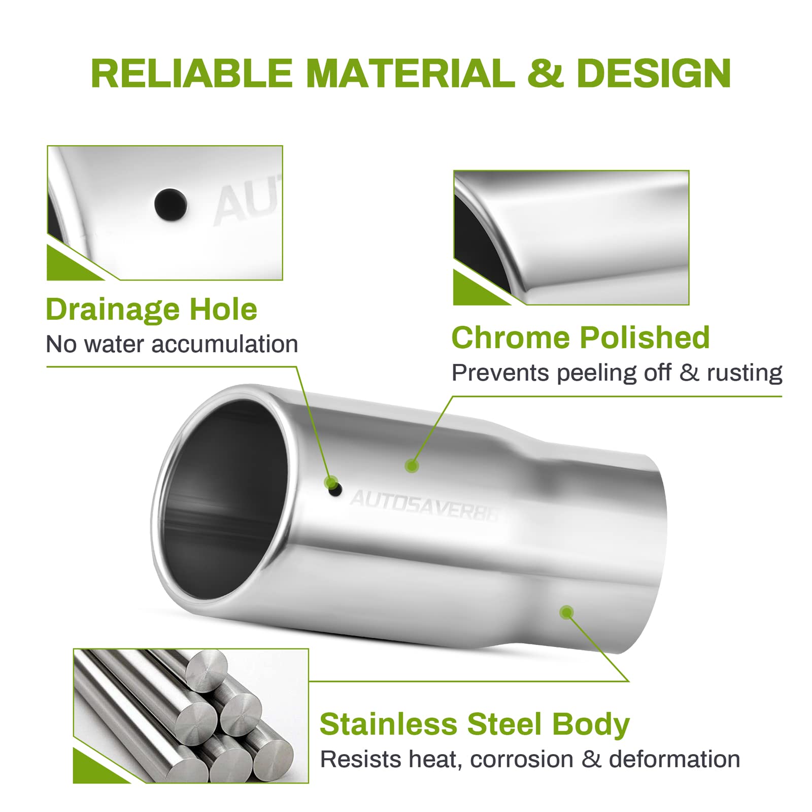 Autosaver88 2.5 Inch Inlet Exhaust Tip, 2.5'' Inlet 3'' Outlet 6'' Overall Length Chrome Polished Stainless Exhaust Pipe Tip For