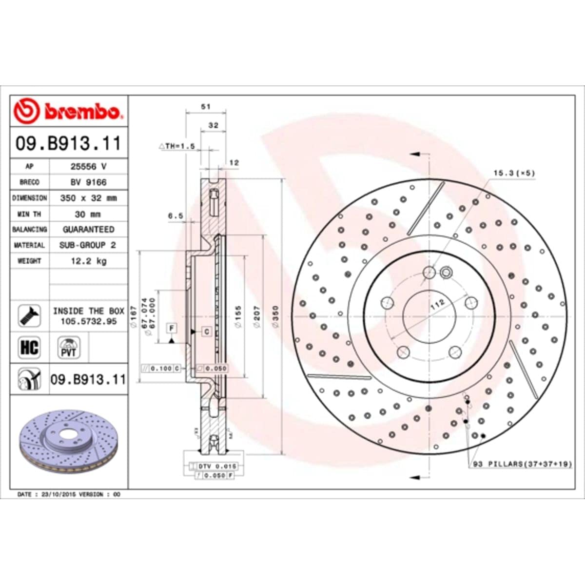 Brembo 09.B913.11 UV Coated Pillar Vented drilled + Slotted Front Brake Rotor MERCEDES-BENZ OE# A1764210112