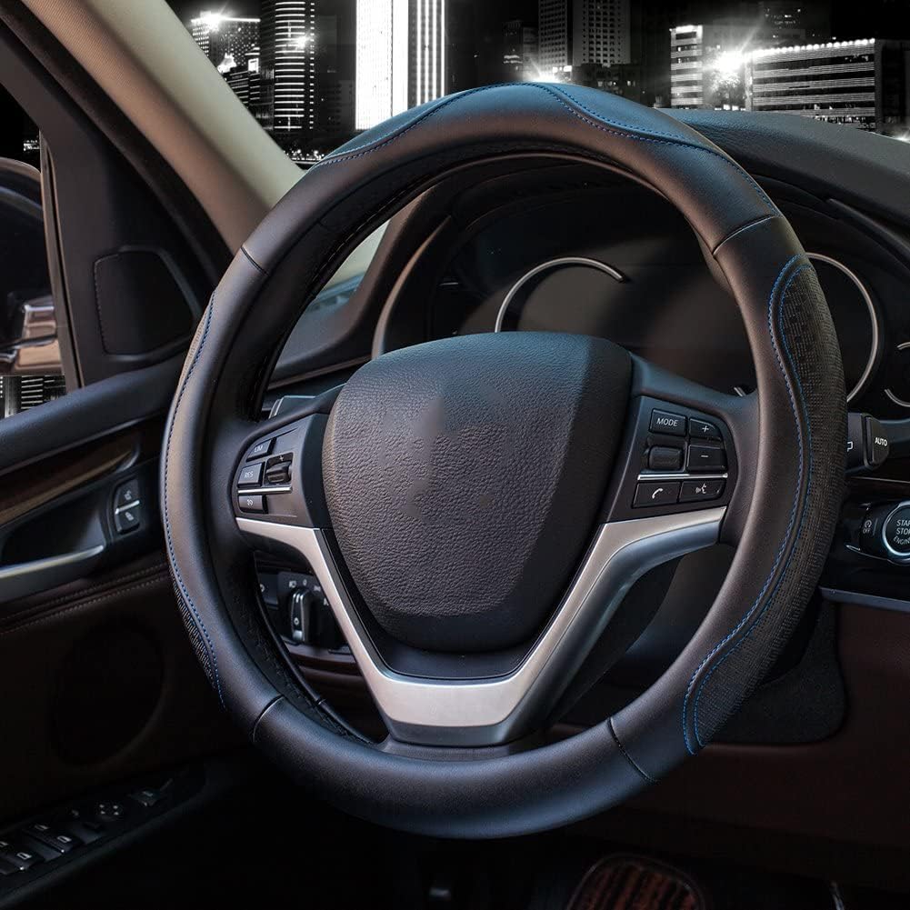 Valleycomfy Leather Steering Wheel Covers Universal 15.75 Inch -Breathable, Anti Slip & Odor Free (Black With Blue Lines,L(15''