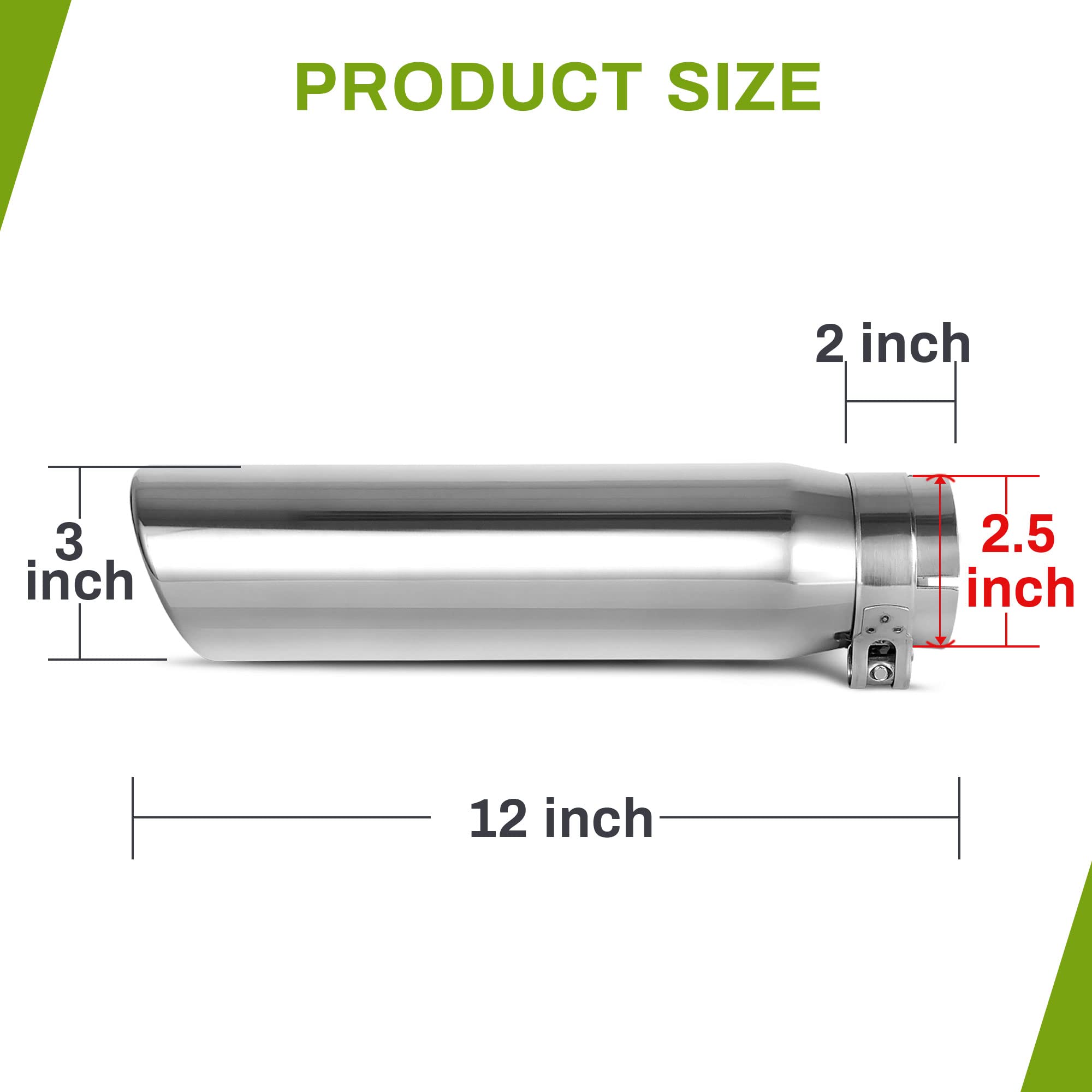 Autosaver88 2.5 Inch Inlet Exhaust Tip, 2.5 Inlet 3 Outlet 12 Overall Length Chrome-Plated Finish Stainless Steel Exhaust Tailpipe Tips For 2.5 Outer Diameter Tailpipe, Bolt/Clamp On, Universal