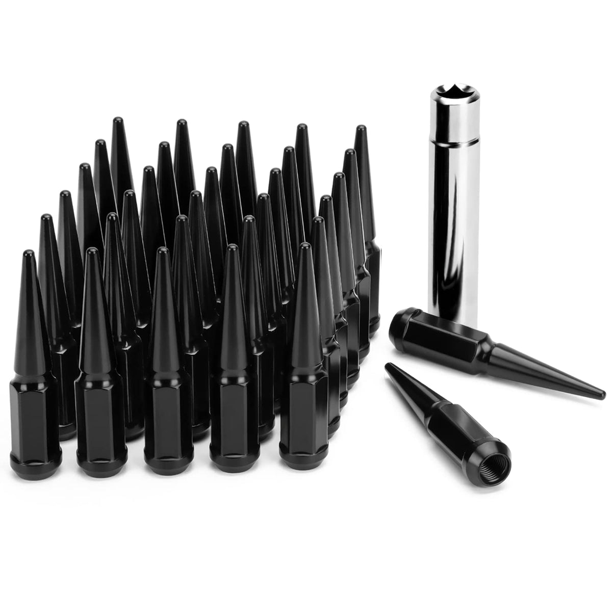 Dynofit 14Mmx1.5 Wheel Spike Lug Nuts, 32 X Black M14X1.5 Lug Nut, Dynofit 4.4 Inch Tall Closed End Nuts With 1 Socket Key For C