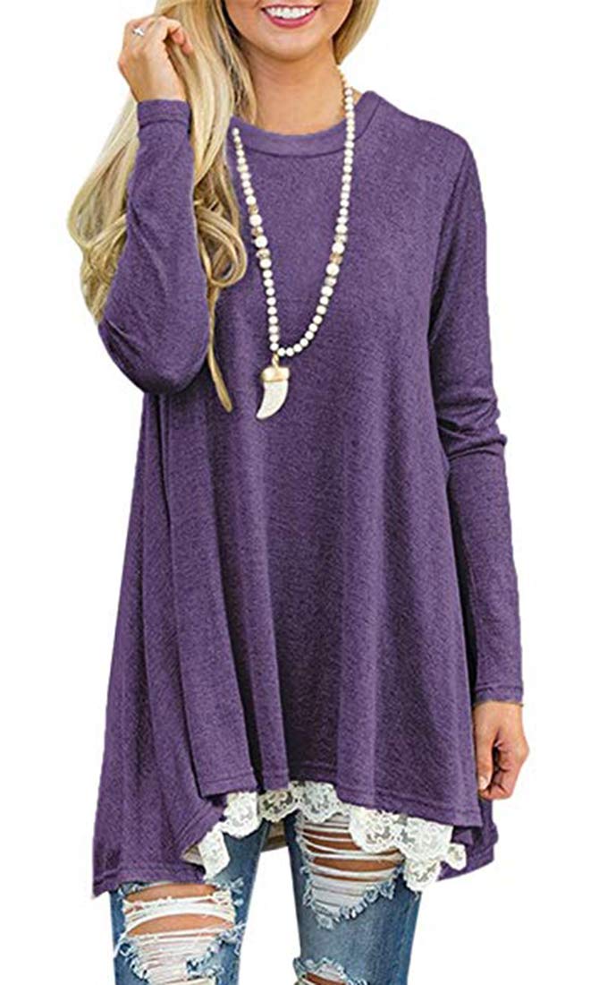 Womens Crew Neck Long Sleeve Lace Splicing Swing Shirt Dresses Long Tunic Blouses Shirts For Leggings Purple