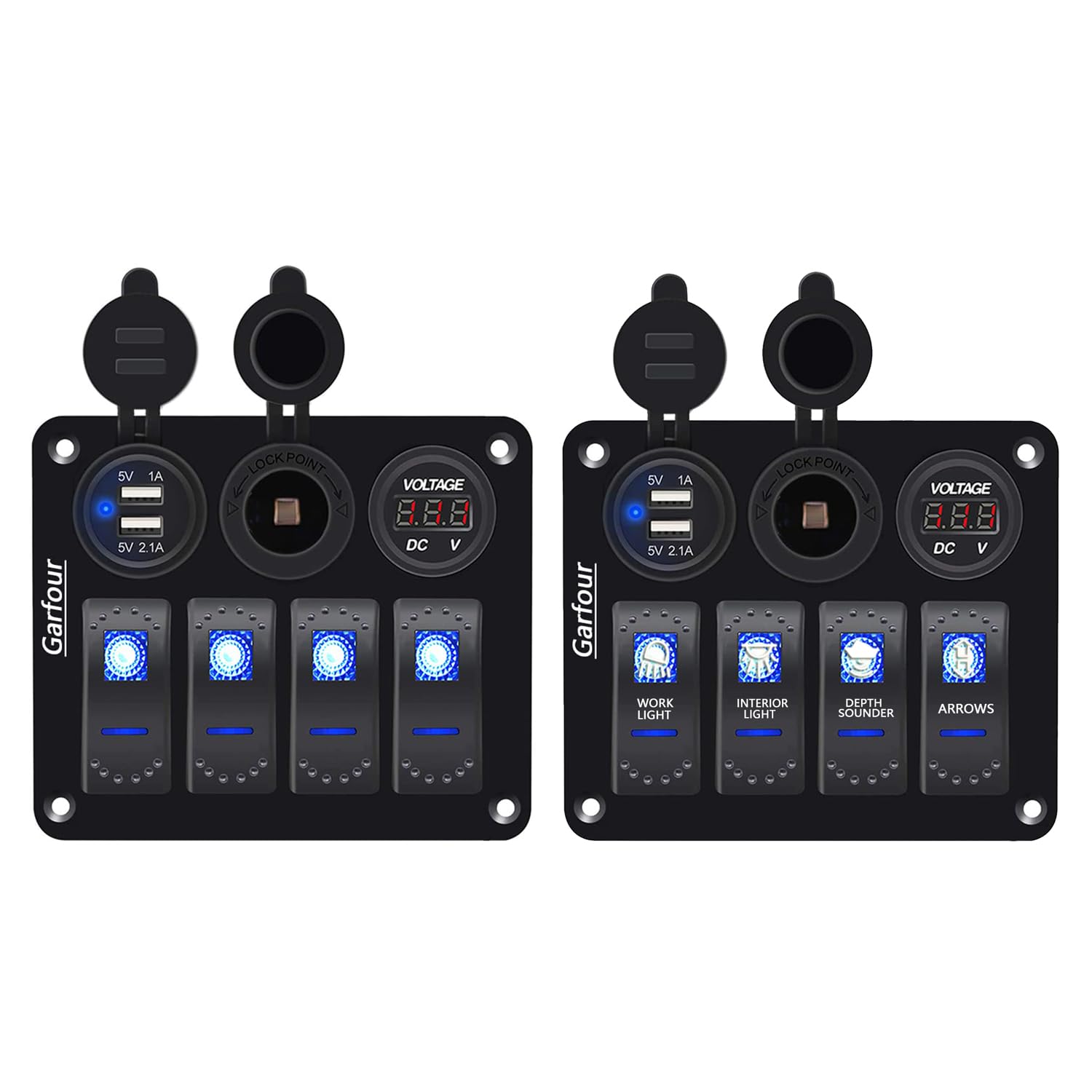 Garfour 2 Pieces Waterproof Boat Rocker Switch Panel Aluminium Panel With 12V Voltmeter 3.1A Dual Usb Cigarette Lighter Socket 4