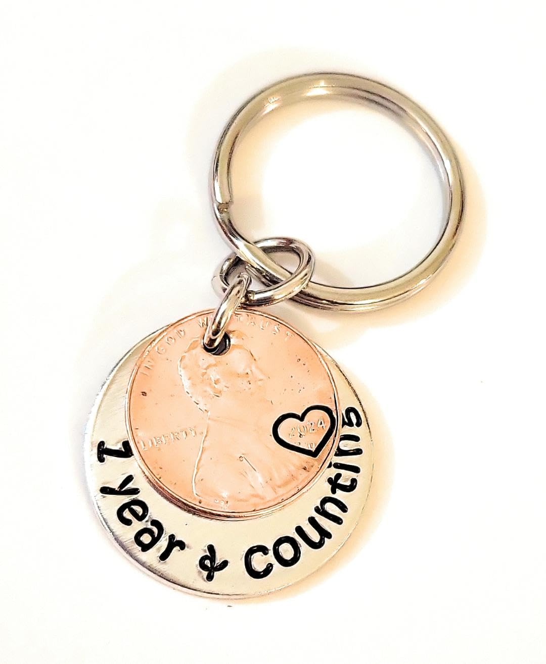 1 Year & Counting, 1St Anniversary Gift, Key Chain Gift, 2024 Lucky Copper Penny, Heart Stamp, Gift For Husband, Gift For Wife
