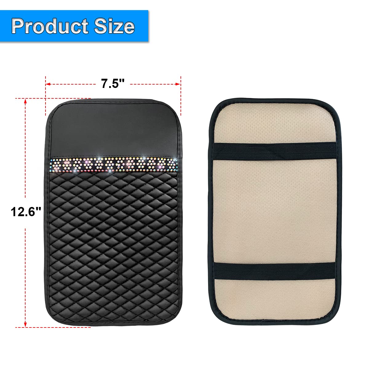 Bling Leather Car Center Console Cover, Car Center Console Protector With Glossy Crystal Rhinestone, Universal Waterproof Car Armrest Seat Box Cover For Most Car, Vehicles, Suvs, Trucks (Black)