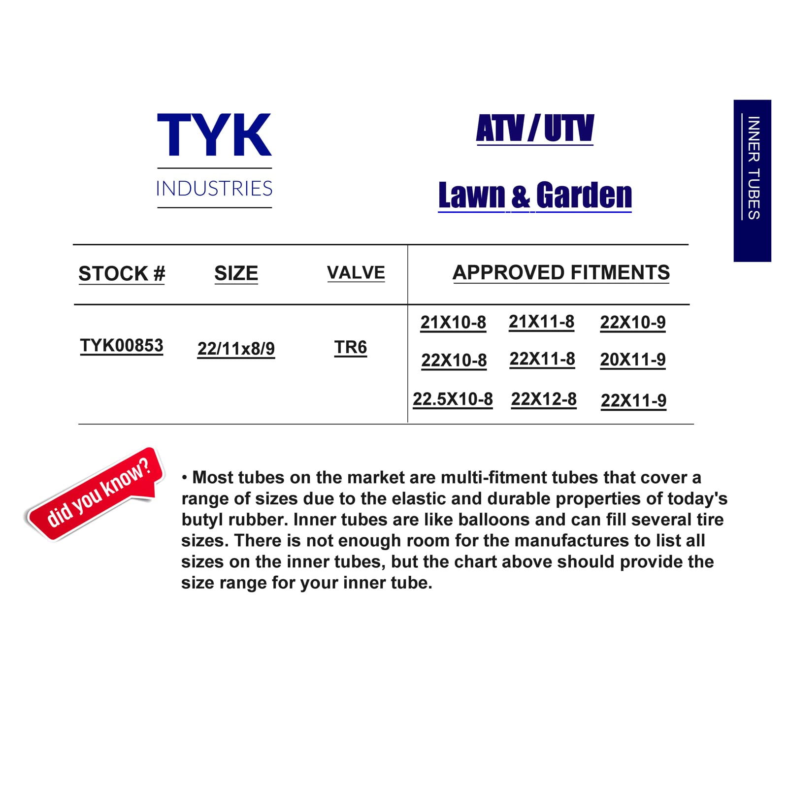 Two Tyk 21X11-8 22X11-8 Heavy Duty Atv Tire Inner Tubes With Tr6 Straight Metal Valve Stems