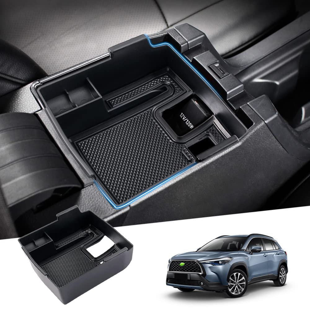Karltys Compatible With Center Console Organizer Toyota Corolla Cross 2022-2025 Accessories (Not For Corolla) Middle Console Tray Car Armrest Storage Box Container With Non-Slip Silicone Mats