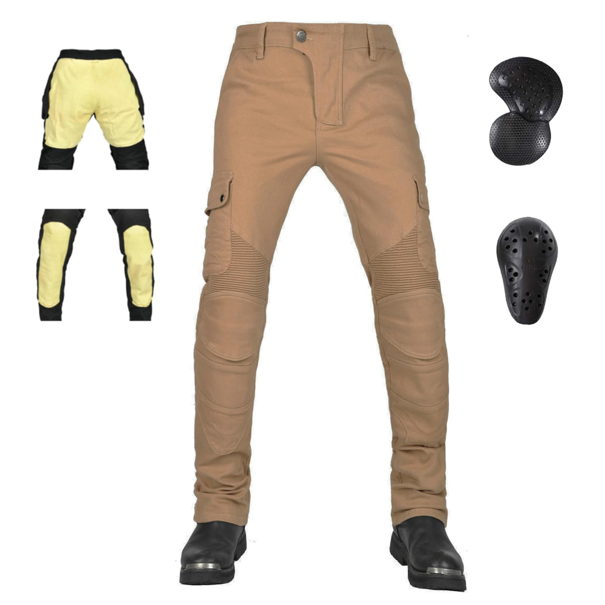 LOMENG Motorcycle Pants with Kevlar Riding Jeans Motorbike Racing Pants with CE Knee Hip Removable Armored for Men Khaki 28