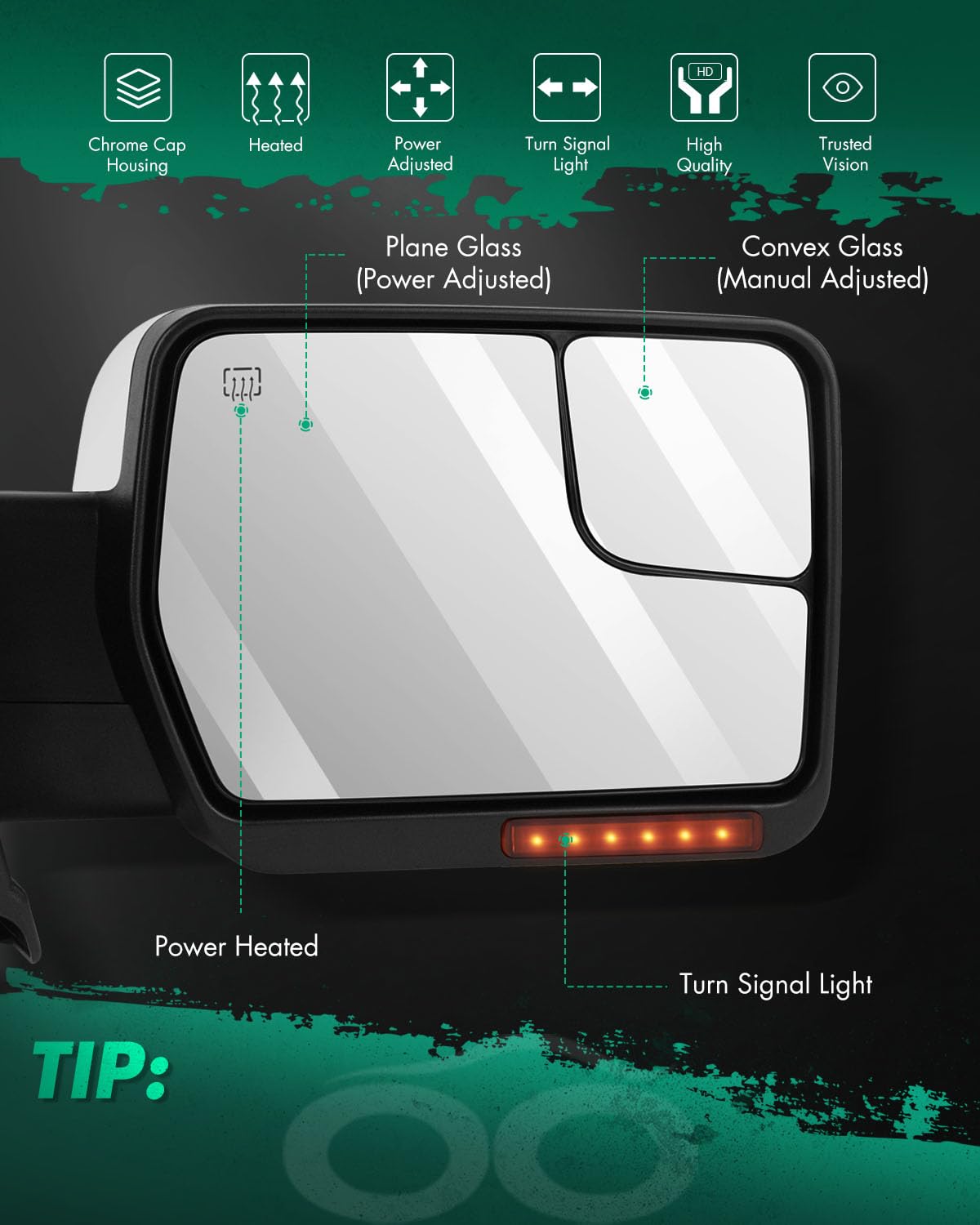 SCITOO Towing Mirror Compatible With 2004-2014 For Ford For F150 A PC(Right Side Towing Mirror) With Power Adjusted Heated Turn