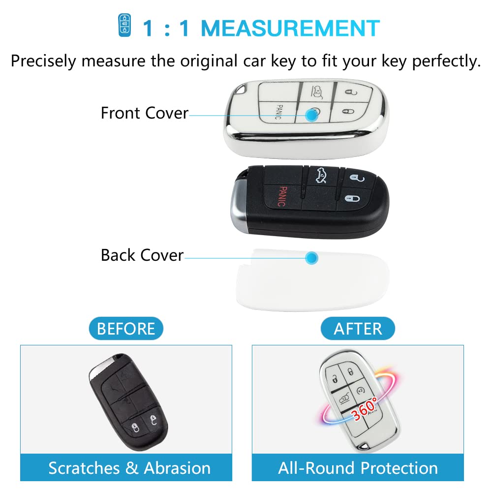 1797 For Jeep Dodge Key Fob Cover Challenger Charger Durango Journey Grand Cherokee Compass Renegade Car Remote Key Case Shell Protector 5 Button White Silver Tpu