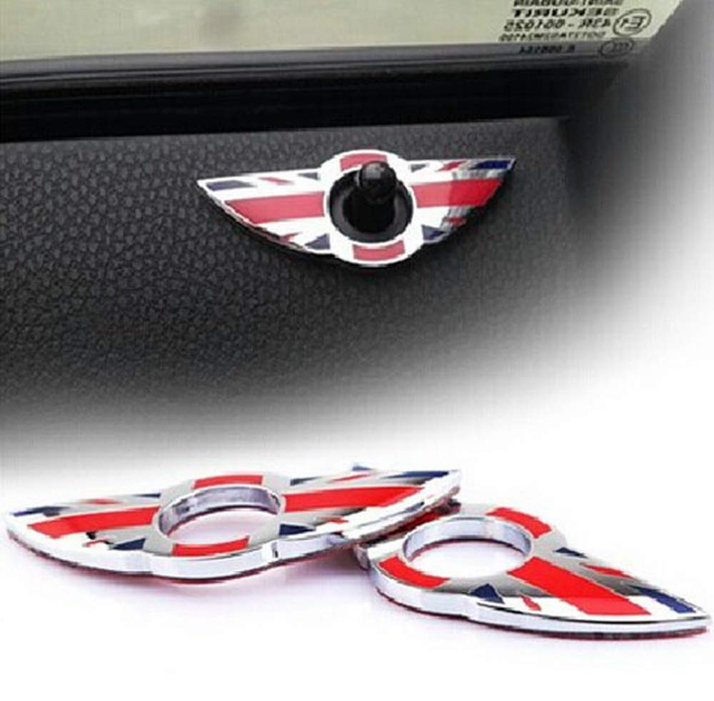 iJDMTOY (2) Union Jack Style Wing Emblem Rings for Mini Cooper R55 R56 R57 R58 R59 Door Lock Knobs, Red/Blue UK Flag Design (Doe