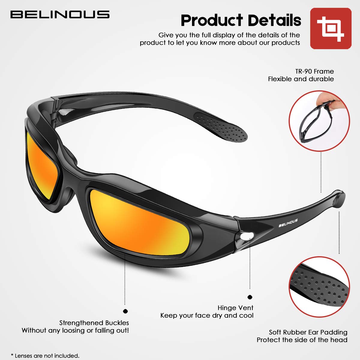 BELINOUS Polarized Motorcycle Goggles with Foam Padding, Windproof, Anti-Dust, 4 Interchangeable Lenses, Bright Black, Model BELINOUS-SG06