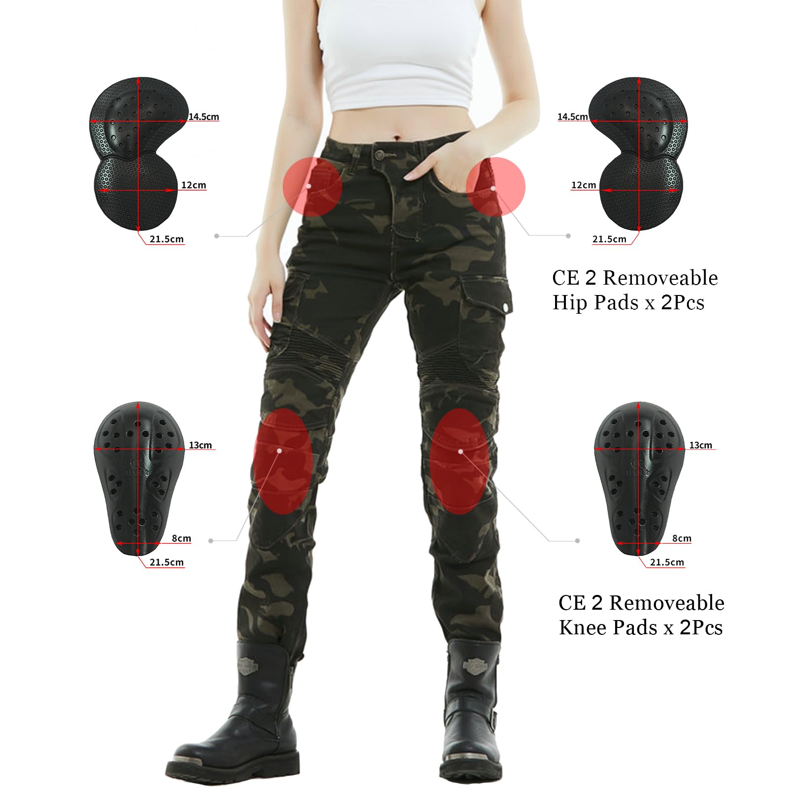 LOMENG Motorcycle Riding Pants Motorcycle Jeans Slim Fit with CE Knee Hip Removable Protectors Armor for Women Camouflage L 32