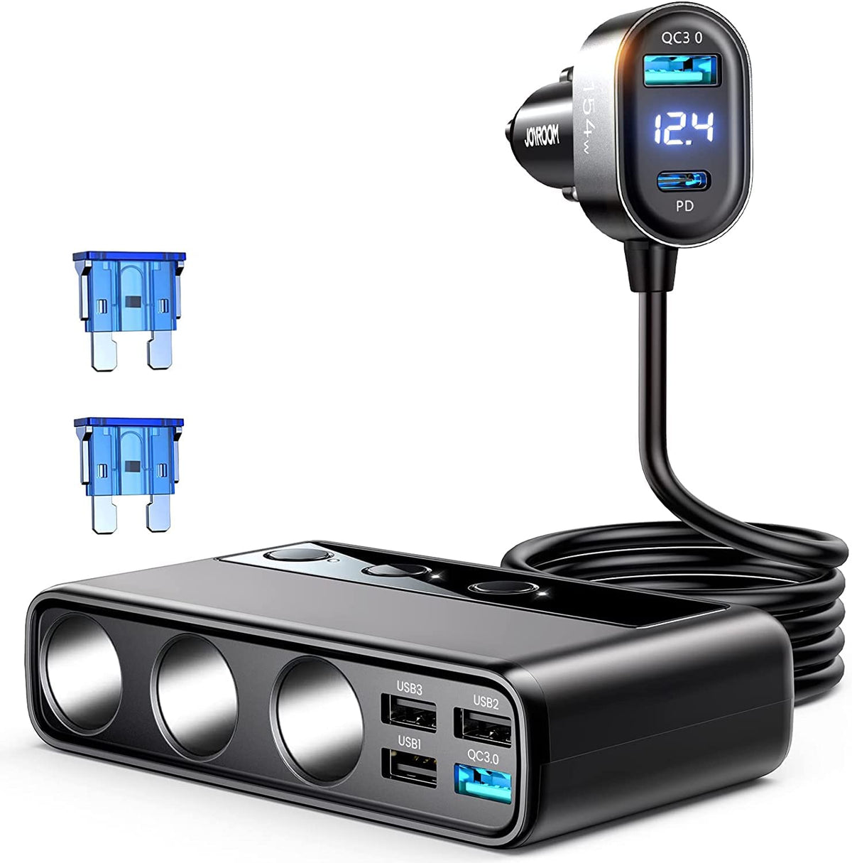 9 in 1 Cigarette Lighter Splitter, JOYROOM 154W Car Charger Adapter with PD/QC 3.0 * 2 Charge(3.3FT Cable), 12V/24V Independent 
