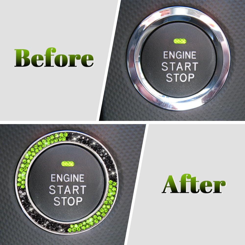 Tobequeen Bling Black Green Push Start Button Cover Emblem Sticker, Crystal Diamond Rhinestone Start Button Ring Car Decor, Gree
