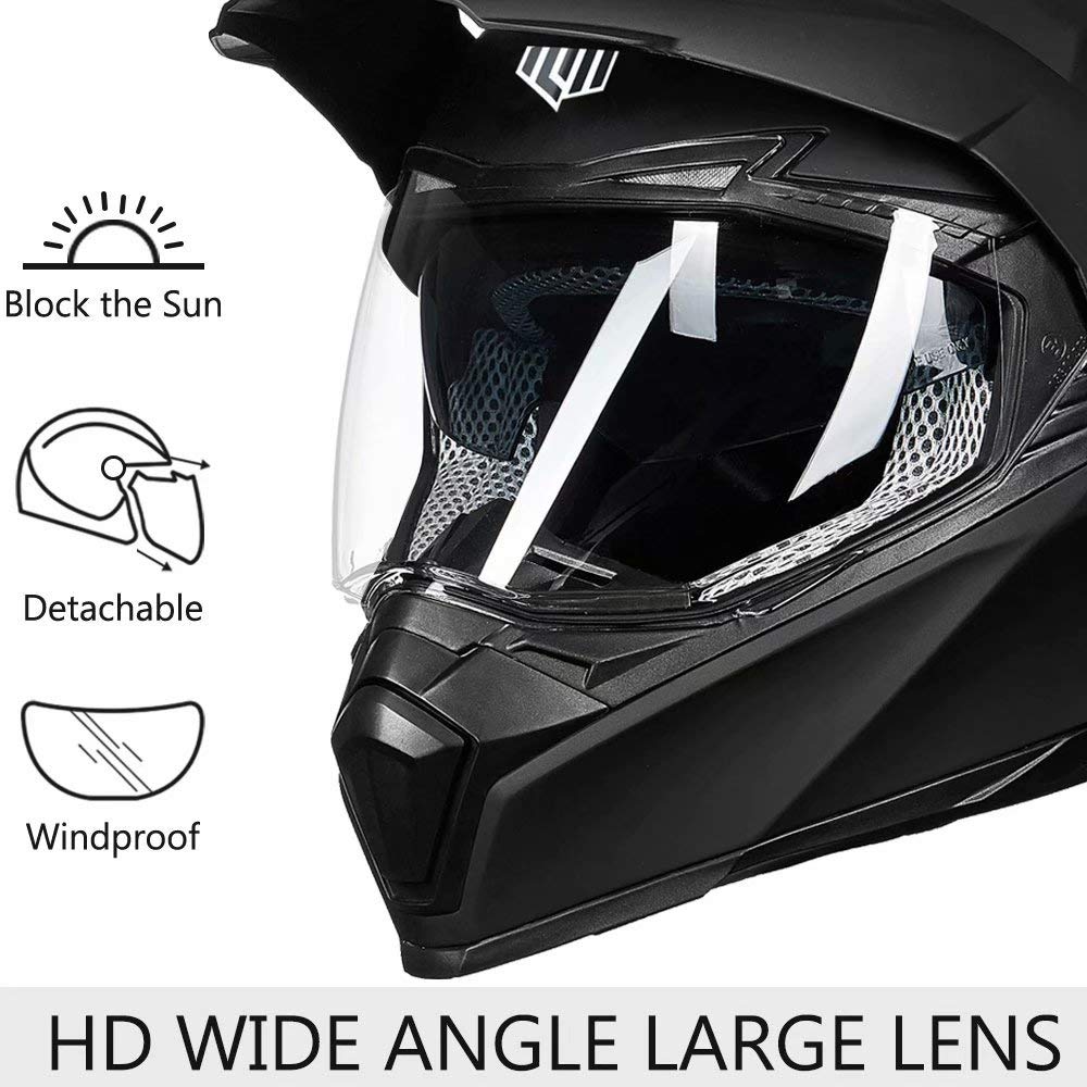 Ilm Off Road Motorcycle Dual Sport Helmet Full Face Sun Visor Dirt Bike Atv Motocross Casco Dot Certified Model 606V(Matte Black