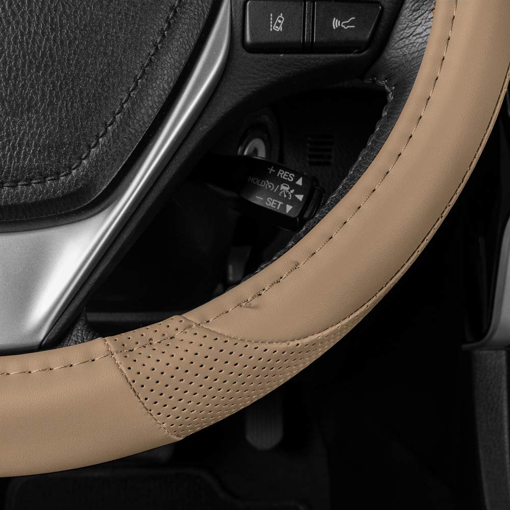 Motor Trend Beige Classic Stitch Perforated Simulated Leather Steering Wheel Cover, All Beige