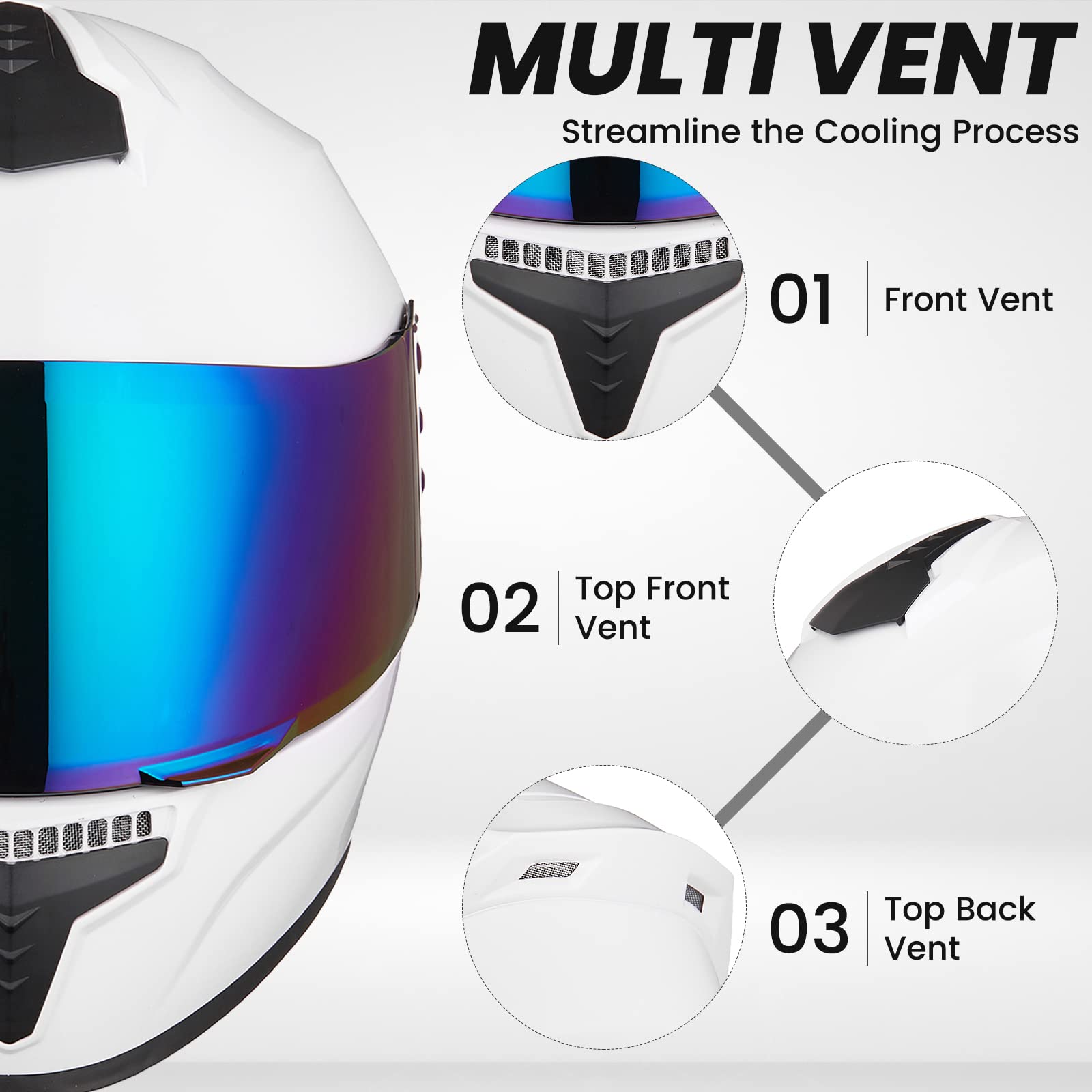 Auboa Full Face Motorcycle Helmets For Adults Men And Women Dot Street Bike Racing Helmet With Tinted Visor Model Md-813 (White,