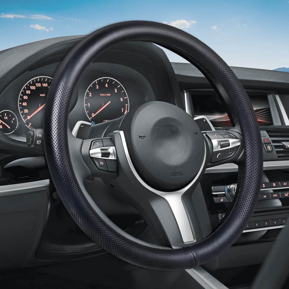 Vargtr Car Steering Wheel Cover,Universal 15 Inch Premium Leather Car Steering Wheel Cover,Best Grip,Perforated Design,Breathable,Non-Slip,Sweat-Absorbent,Warm In Winter And Cool In Summer (Black)
