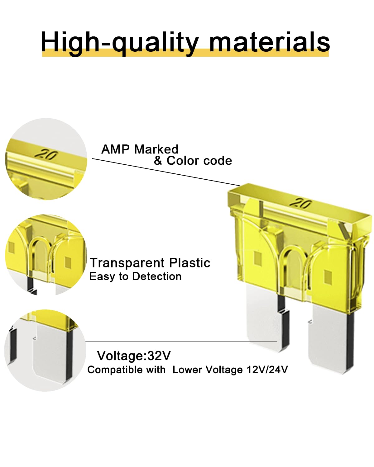 20Pcs 20A Standard Car Fuses - 20 Amp Automotive Fuses(Ato/Apr/Ats), 32V (12/24V) Blade Fuse For Rv/Truck/Suv