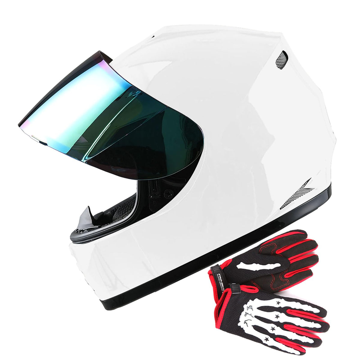 Wow Youth Motorcycle Full Face Helmet Street Bike Bmx Mx Kids Glossywhite + Mx Skeleton Glove Bundle